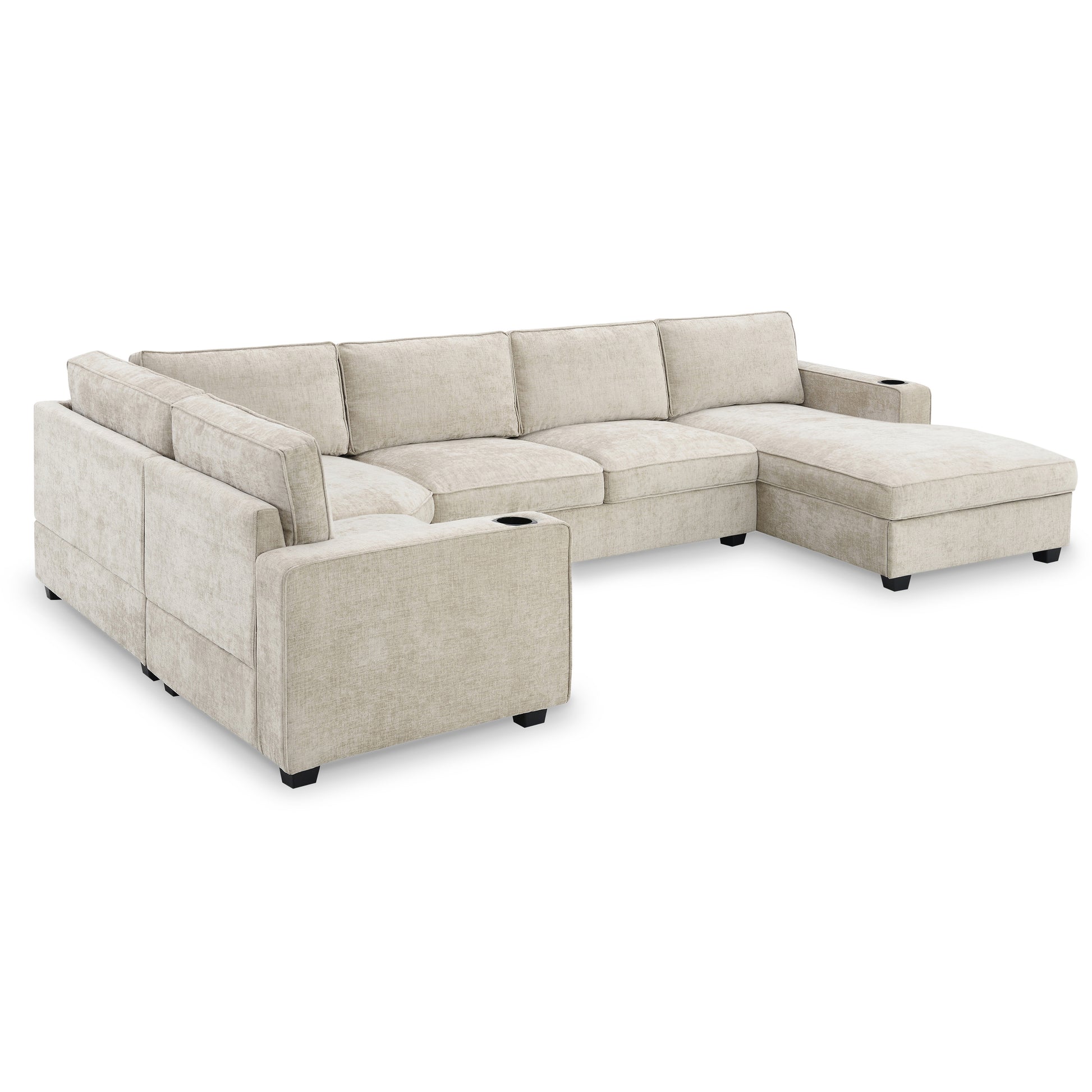 119*67" U Shaped Sectional Sofa,6 Seat Chenille Couch Set With Oversized Chaise Lounge,Irregular Corner,Deep Seat Comfy Sofa With Cup Holders For Living Room,Apartment,2 Colors Beige Chenille 6 Seat