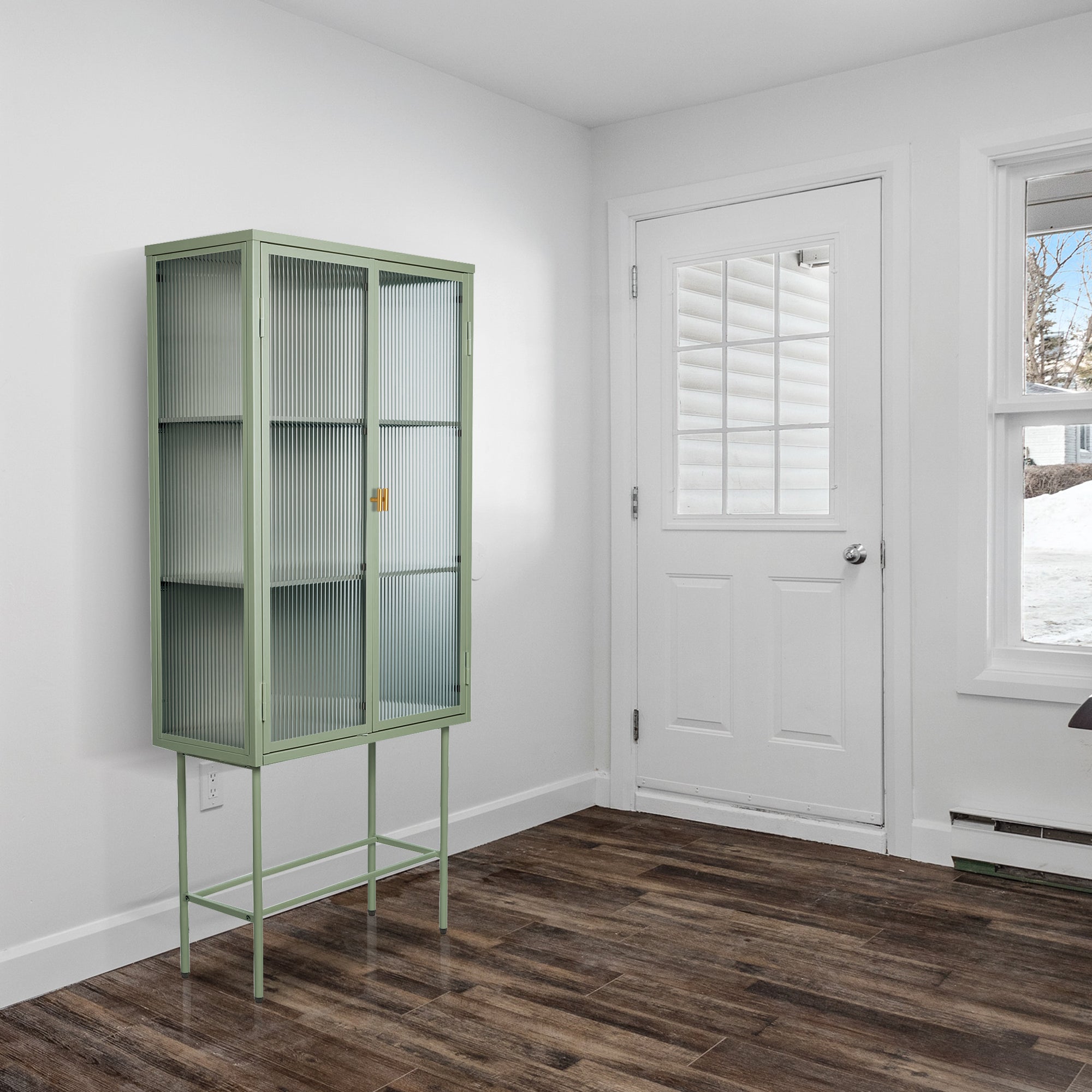 Mint Green Tall Freestanding Display Cupboard Stylish Fluted Glass Storage Cabinet With Glass Doors Three Detachable Shelves Bottom Space For Office Dining Room Living Room Bedside Old Sku:W68743736 Mint Green Steel