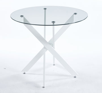 Dining Table With Cross Metal Leg And Tempered Glass,Modern Space Saving Kitchen Table For Living Room,White Legs,90X90X75Cm White Glass Metal