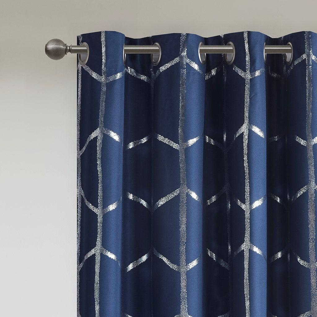 Total Blackout Metallic Print Grommet Top Curtain Panel Only 1 Pc Panel Navy Silver Polyester