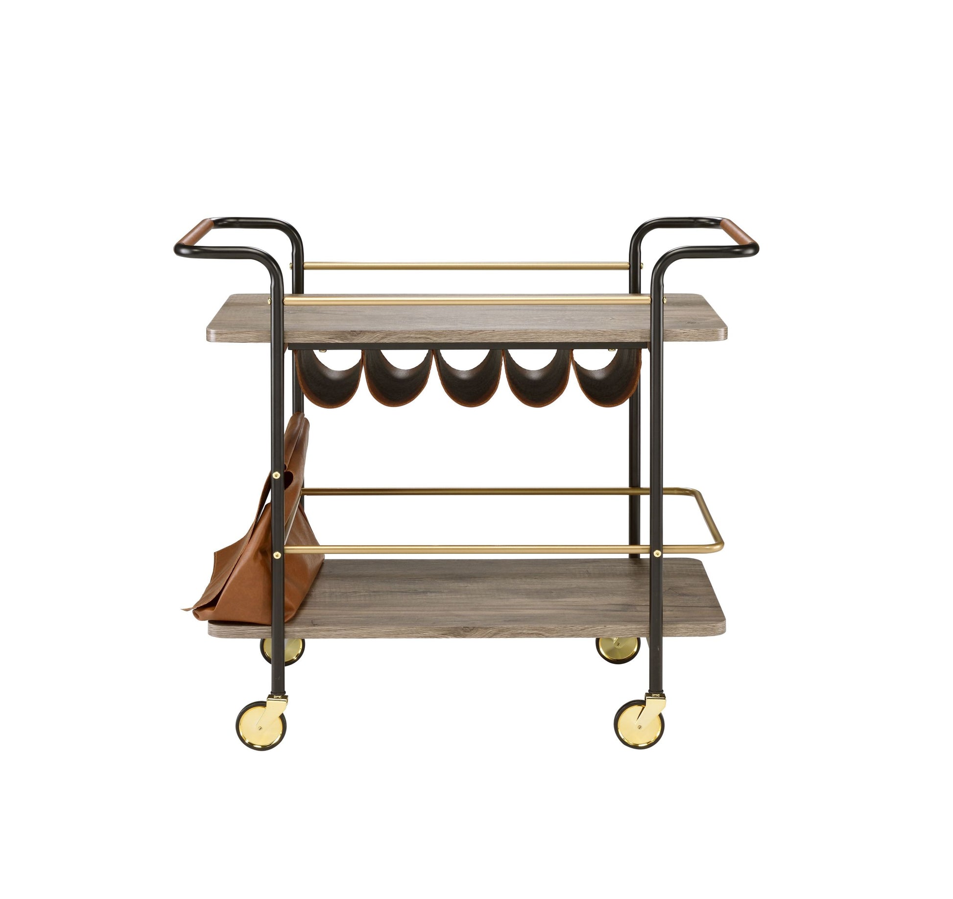 Natural, Gold And Black Serving Cart With Wine Storage Natural Black Dining Room Kitchen Carts Wood Metal