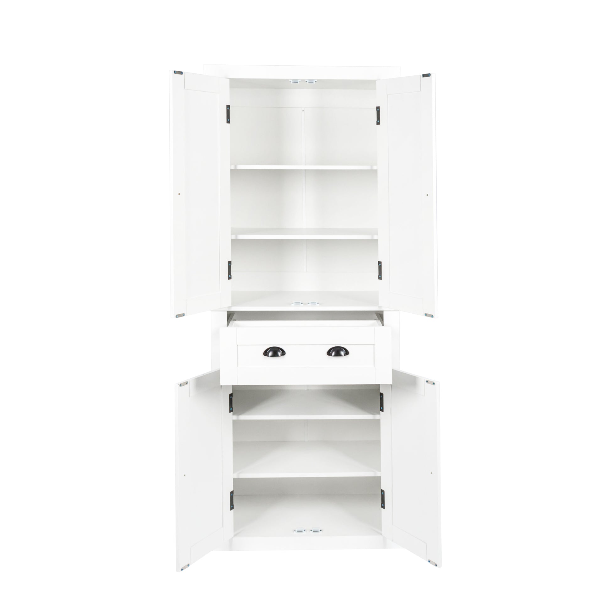 72" Kitchen Pantry Storage Cabinet, Traditional Freestanding Cupboard With 4 Doors And Adjustable Shelves, Large Central Drawer, White White Particle Board Mdf