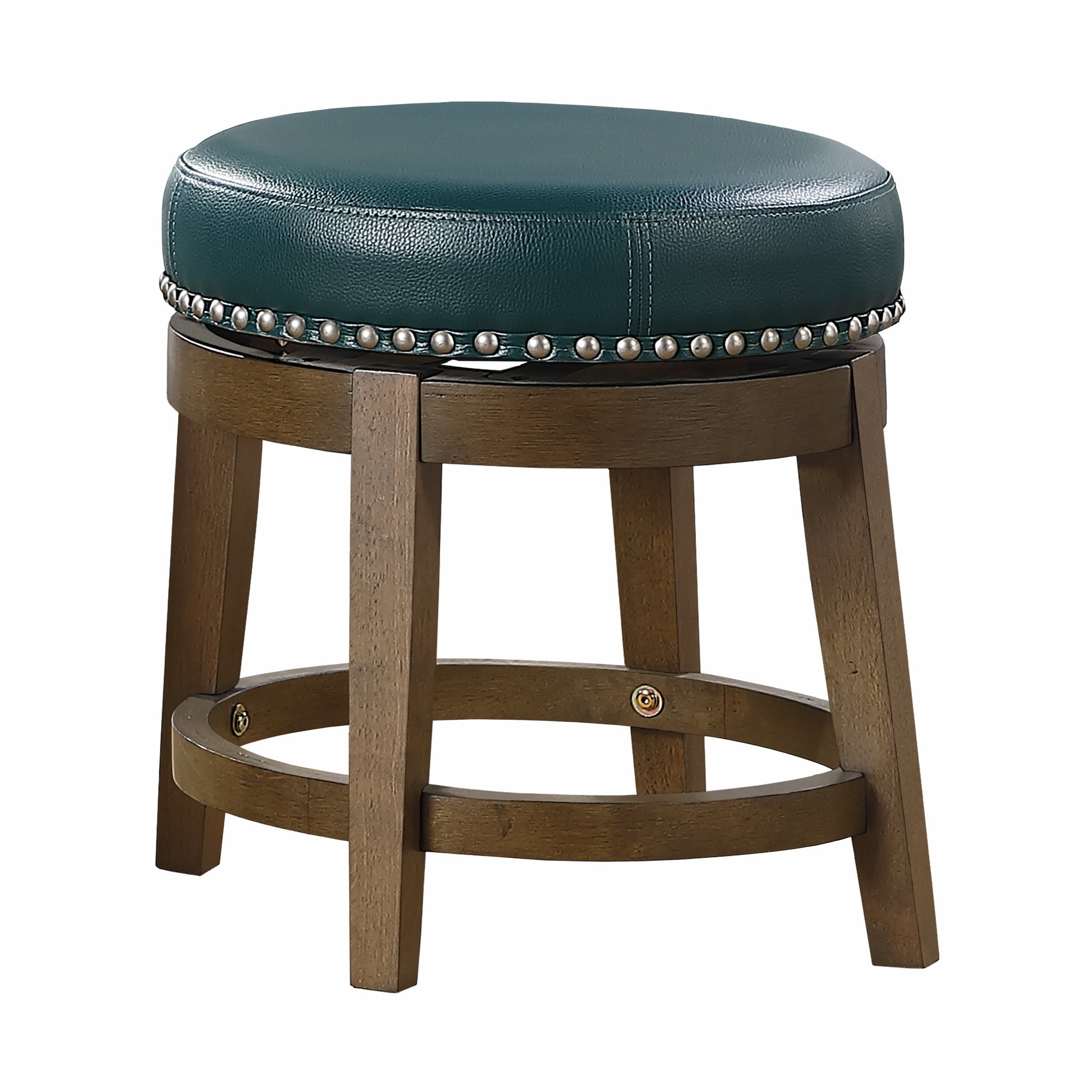 Round Swivel Stools Set Of 2, Green Faux Leather 360 Degree Swivel Seat Trim Solid Wood Frame Brown Finish Furniture Brown Green Dining Room Round Solid Wood