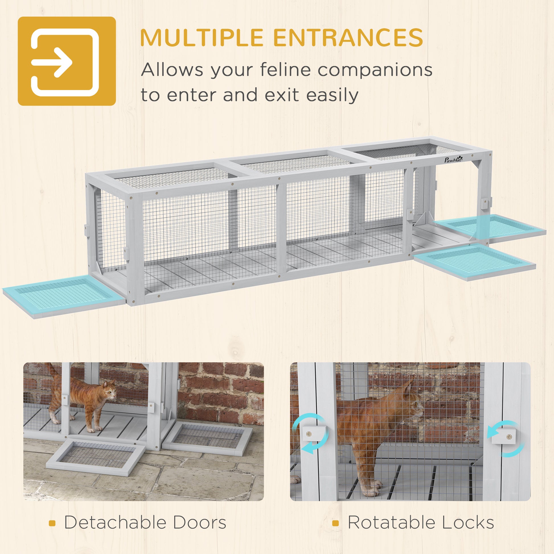 Pawhut Outdoor Cat Tunnel With Extendable Design, 59" L Wooden Cat Run With Weather Protection, Connecting Inside And Outside, For Deck Patios, Balconies, Light Gray Light Grey Wood