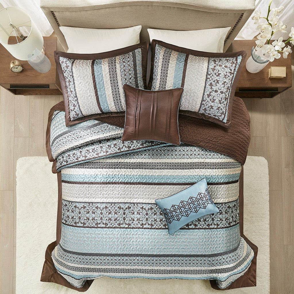 5 Piece Jacquard Quilt Set With Throw Pillows Blue Full Queen Full Blue Cotton