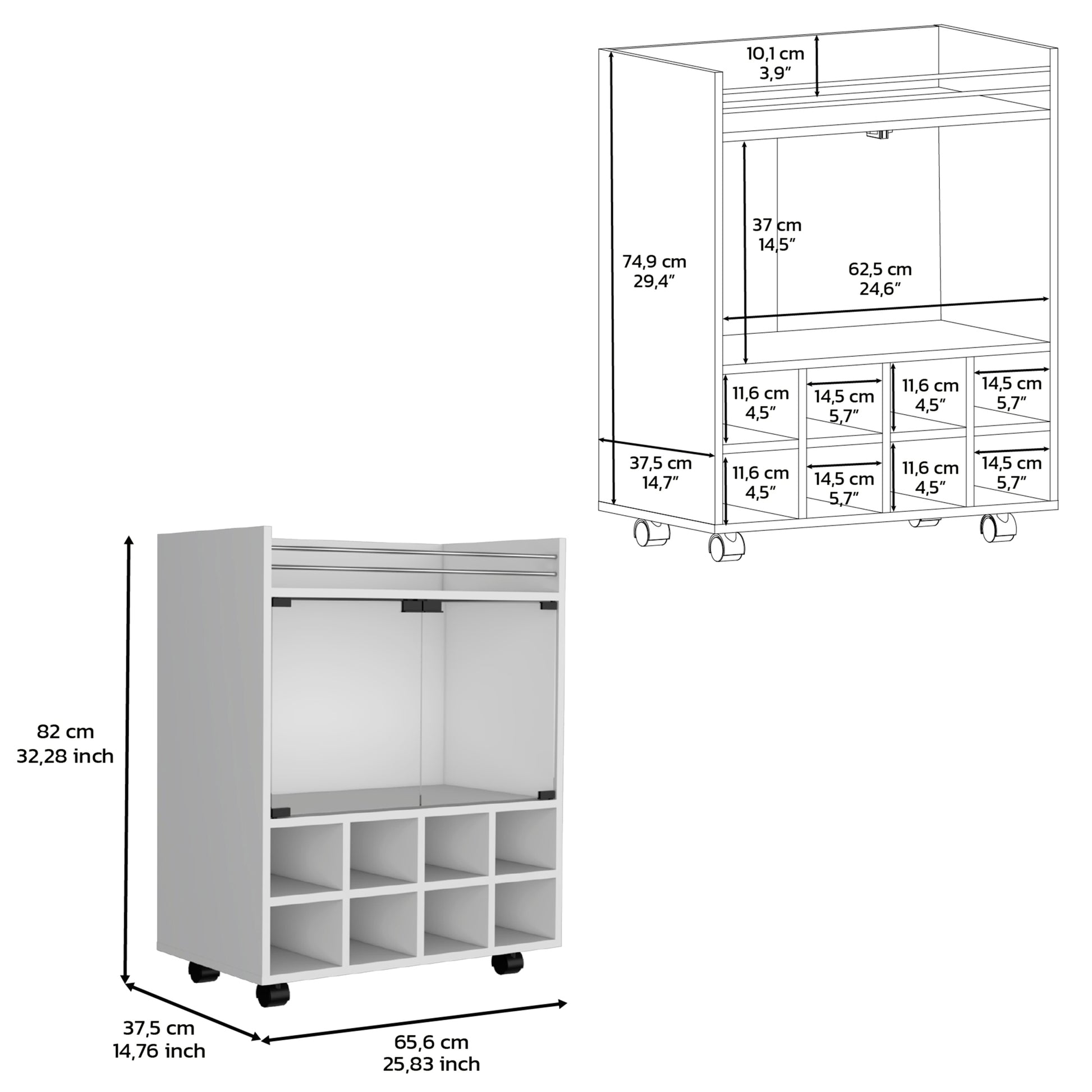 32" H White Bar Coffee Cart, Kitchen Or Living Room Cabinet Storage With 4 Wheels, With 8 Bottle Racks, A Central Shelf Covered By 1 Glass Door, Ideal For Storing Glasses And Snacks White Particle Board Particle Board