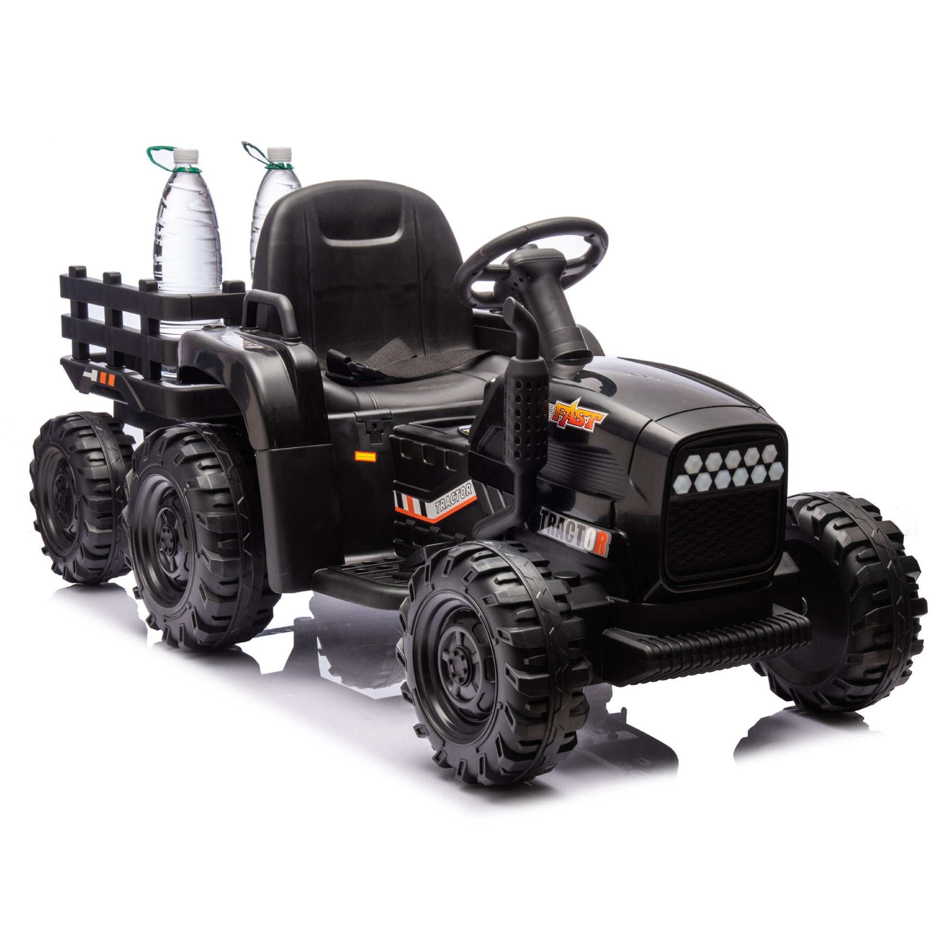 Ride On Tractor With Trailer,24V Battery Powered Electric Tractor Toy, 200W*2Motor 1.86 4.97Mph Remote Control,Electric Car For Kids,Three Speed Adjustable,Usb,Mp3 ,Bluetooth,Led Light, Safety Belt. Black 50 99 Lbs Polypropylene