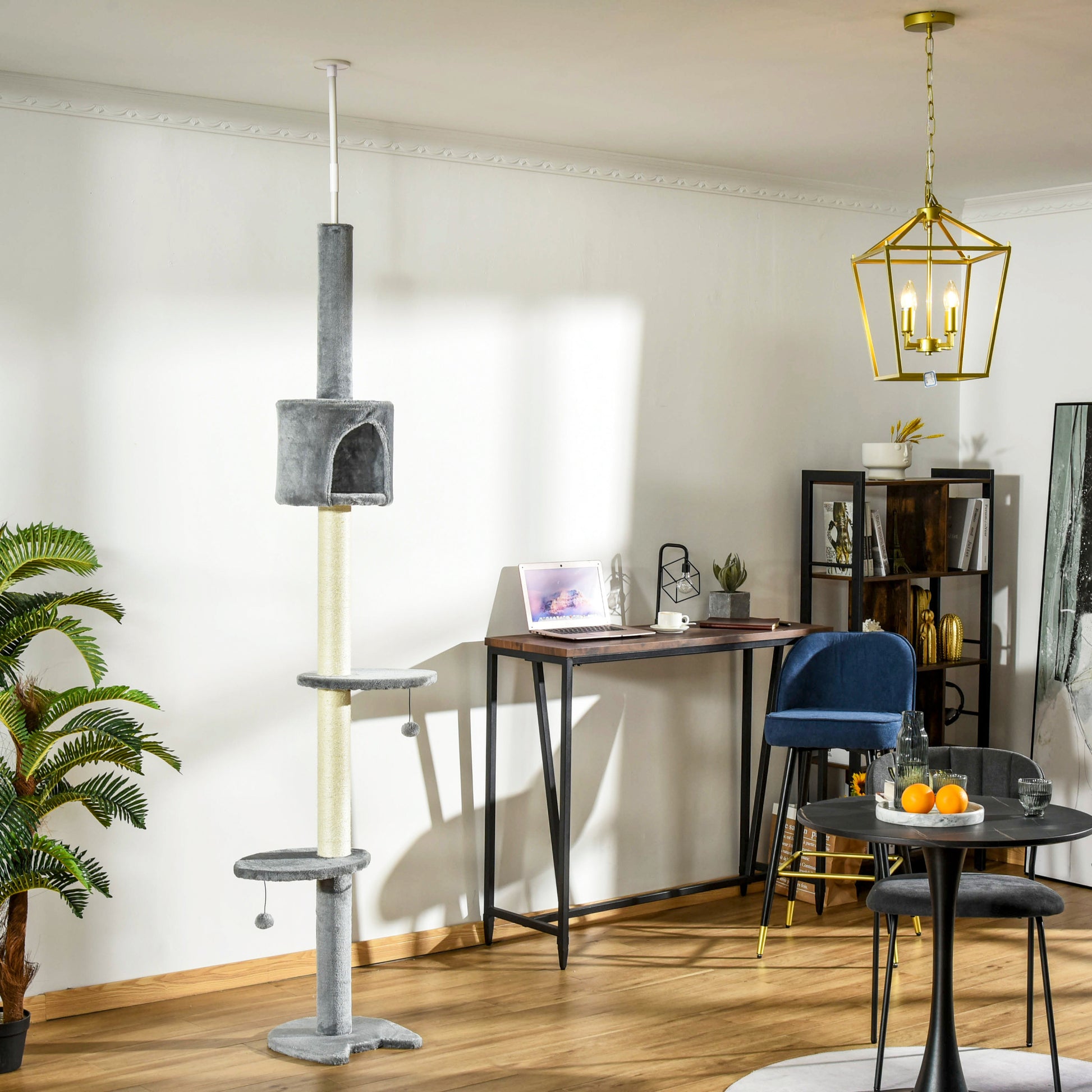 Pawhut 85.5" Cat Tree Height Adjustable Floor To Ceiling 4 Tier Kitty Climbing Activity Center Condo Cat Toy With Scratching Post Hanging Balls Play Rest Post Pet Furniture Grey Light Grey Particle Board