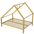 Full Size Metal House Platform Bed With Roof And Chimney, Gold Box Spring Not Required Full Gold Metal Bedroom Bed Frame Metal