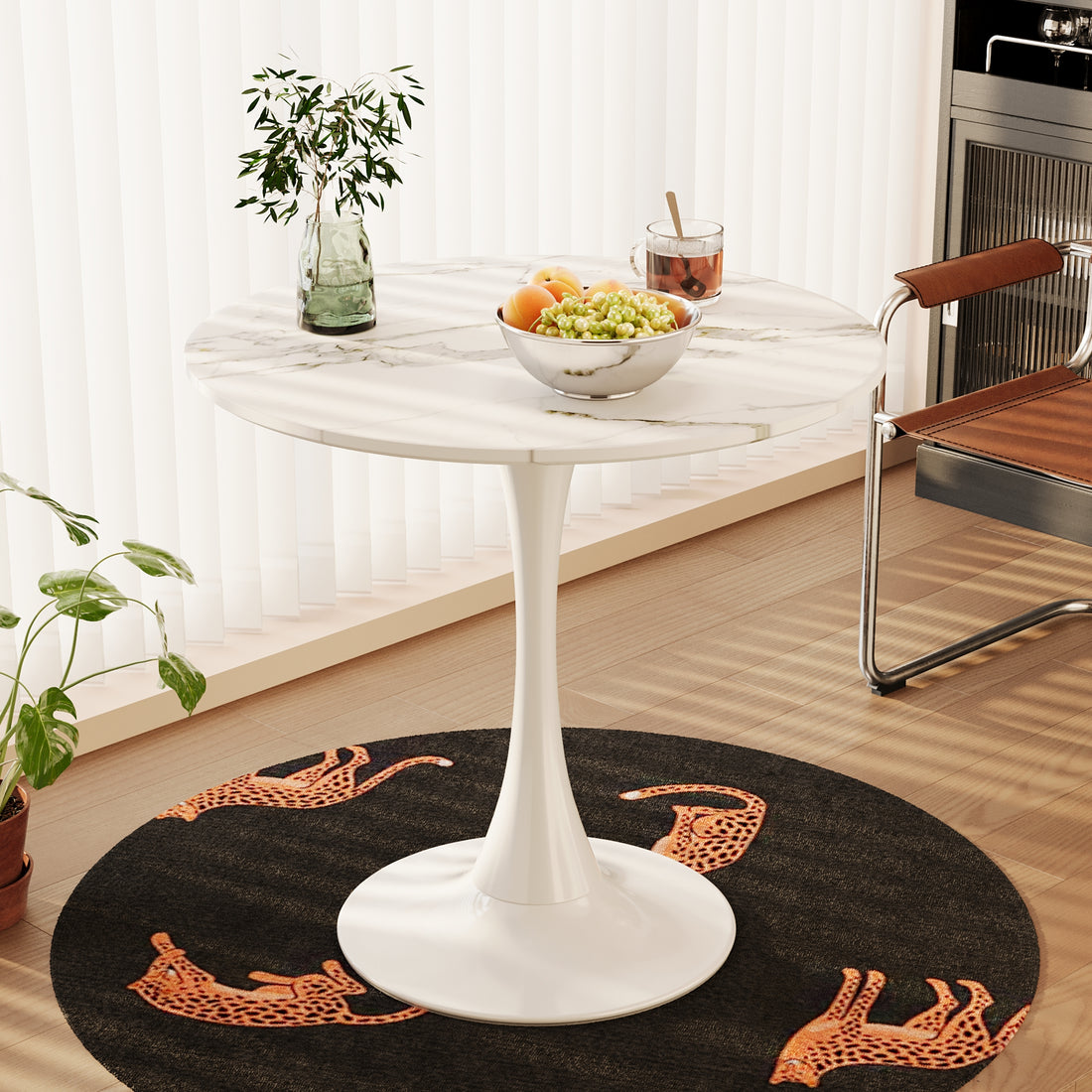 31.4 "Round Dining Table, Medieval White Marble Patterned Tulip Dining Table, 2 3 Person Metal Base Dining Table, Easy To Assemble Casual Coffee Table, Office Desk White Mdf