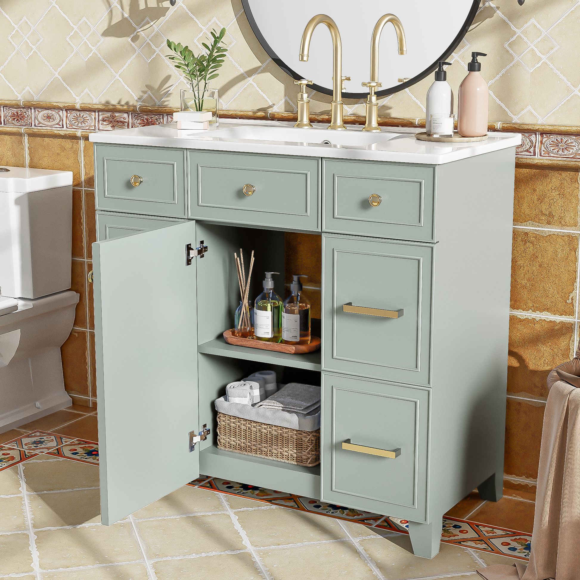 36" Bathroom Vanity With Ceramic Sink, Green, Solid Wood Frame, Soft Close Doors, Adjustable Shelves, 3 Drawers ,Including Double Depth Drawer For Hairdryer Storage Old Sku:Sv000003Aag 1 Green