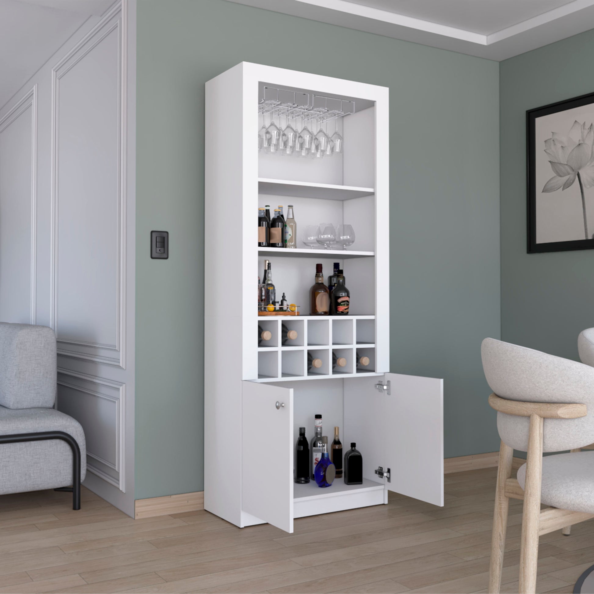 Nero 74 Inch Tall Bar Cabinet 4 Tier Modern Bar Cabinet With Glass Holder Stemware Rack, Wine Cabinet, Liquor Cabinet, 10 Bottle Cubbies And 4 Shelves. White Primary Living Space Modern Particle Board Shelves Included Engineered Wood