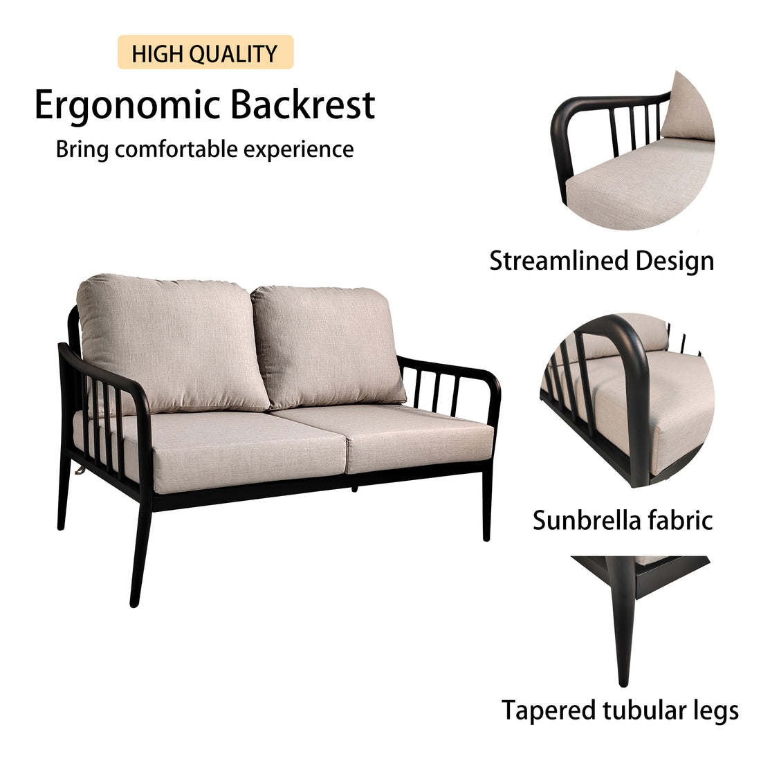 2Pc Outdoor Aluminum Patio Furniture, Modern Loveseat Sofa Conversation Chat Set, Sunbrella Cushions And Oval Coffee Table With White Carrara Marble Look Sintered Stone Top, Ember Black Yes Deep Seating Ember Black Rust Resistant Frame Fade Resistant