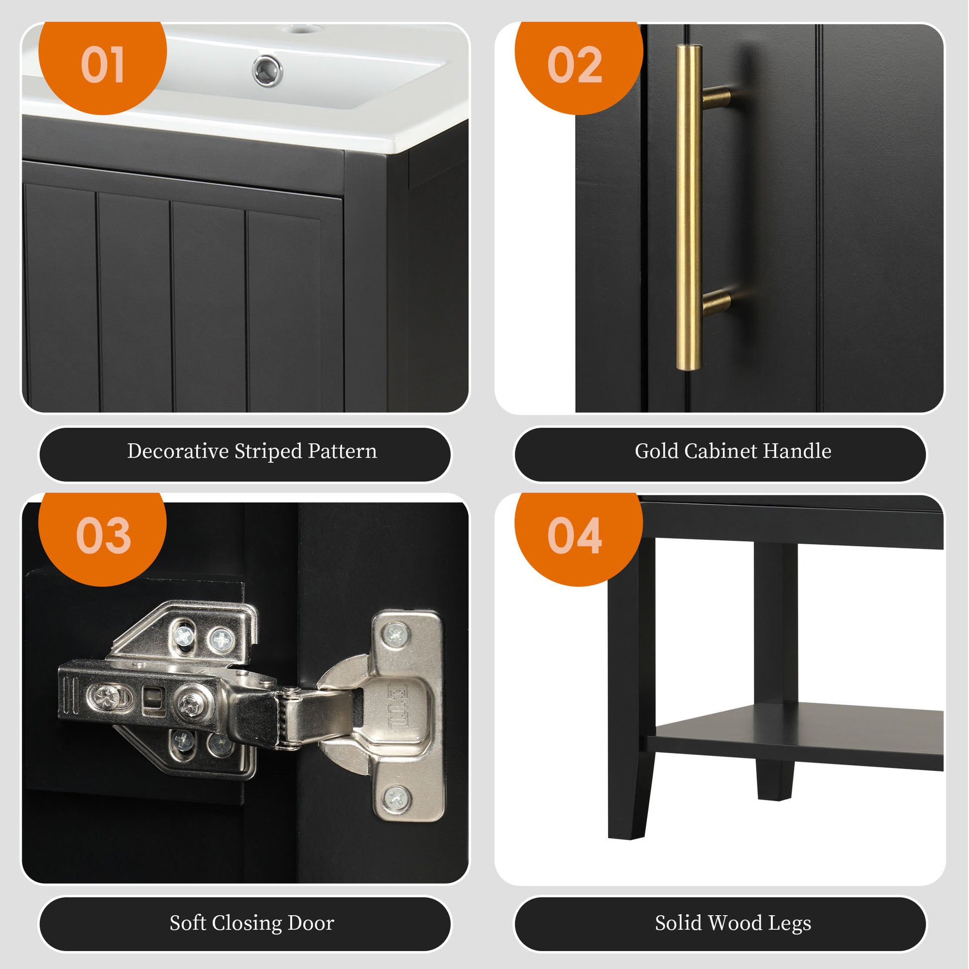 20" Bathroom Vanity With Sink, Bathroom Cabinet With Soft Closing Door, Storage Rack And Open Shelf, Black Black Solid Wood Mdf