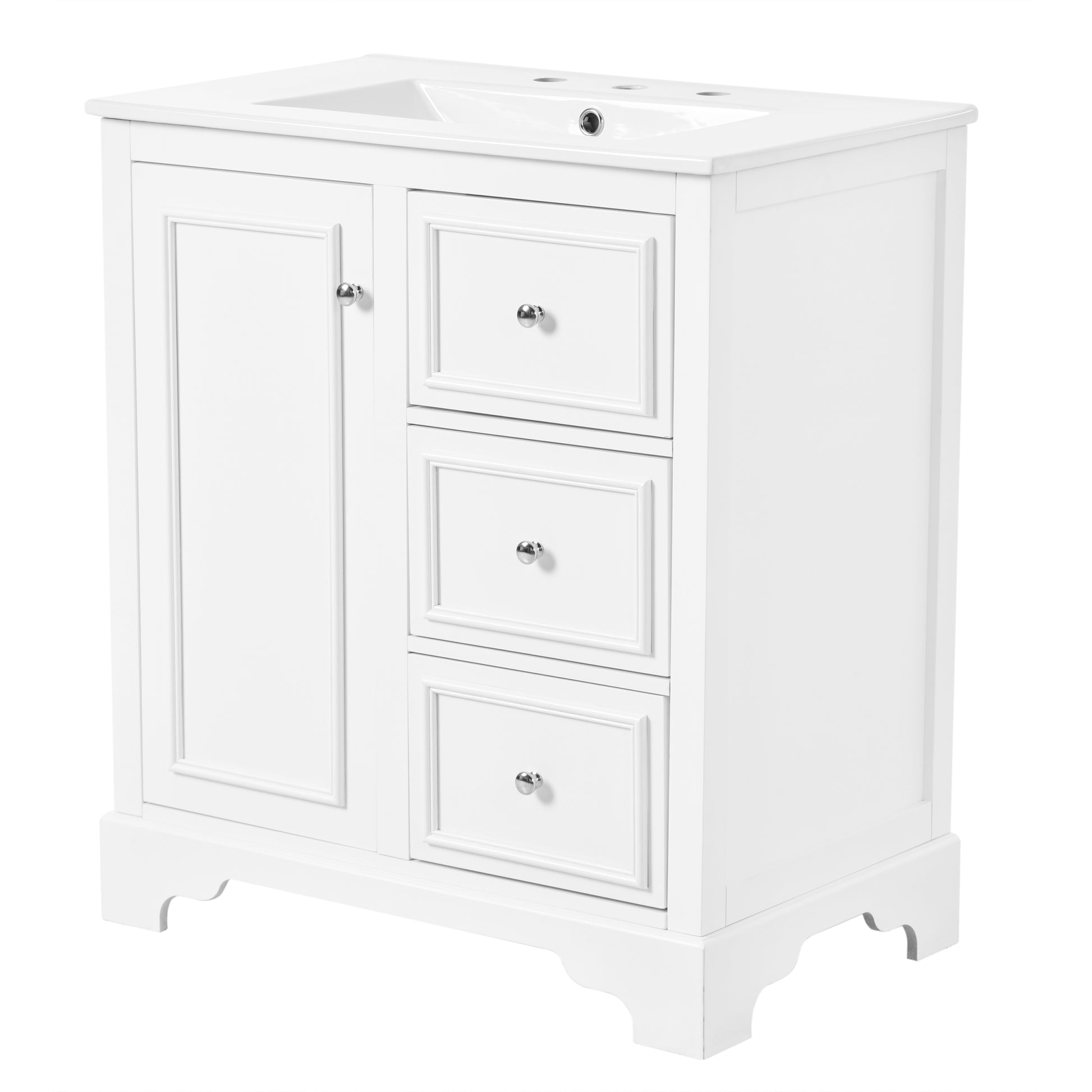 30 Inch Bathroom Vanity With Sink, Modern Elegant Bathroom Storage Cabinet With 3 Drawers And Adjustable Shelves, Freestanding Vanity Set With Mirror Cabinet, Single Sink Bathroom Vanity White Bathroom Solid Wood Mdf Glass