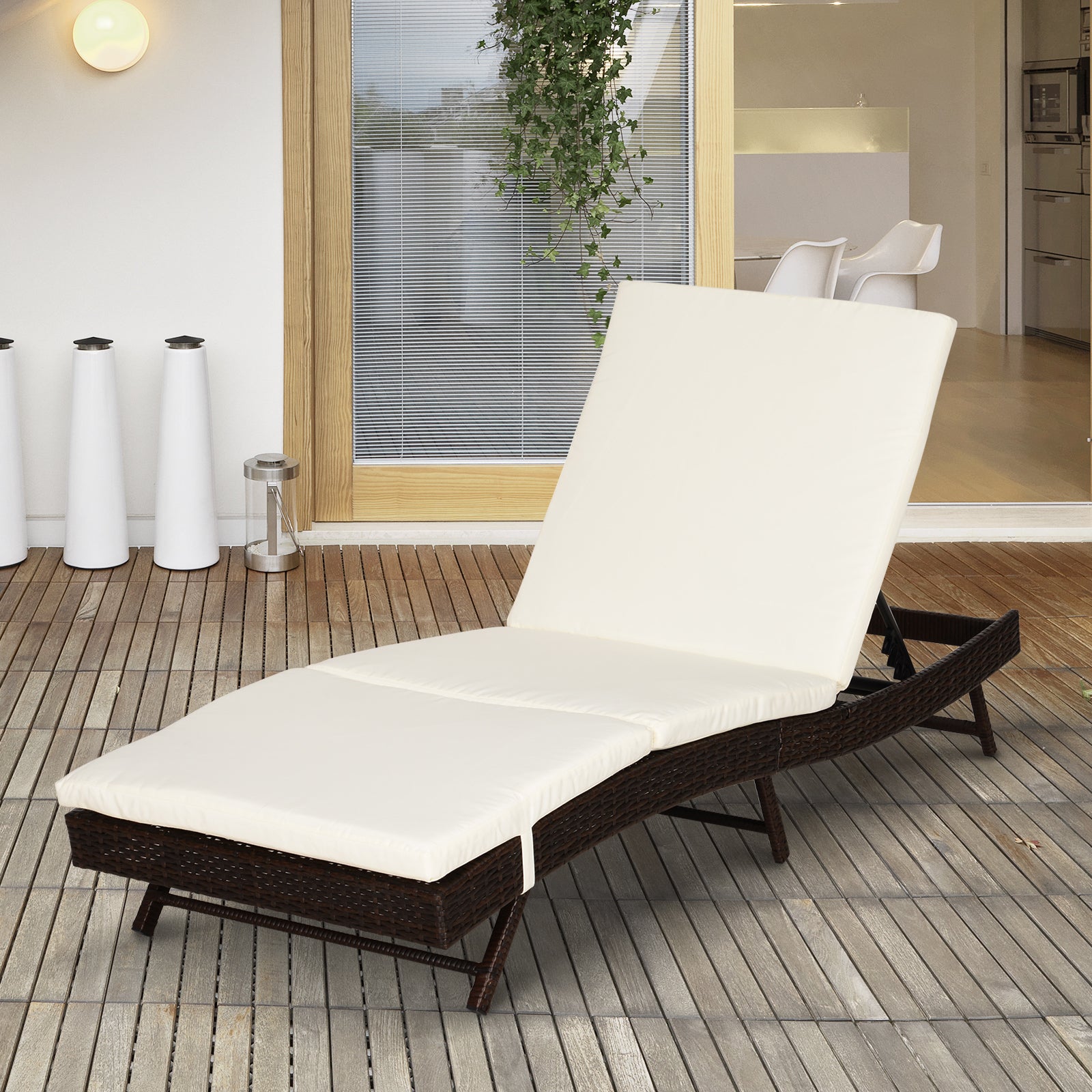 Outsunny Patio Chaise Lounge, Pool Chair With 5 Position Adjustable Backrest & Cushion, Outdoor Pe Rattan Wicker Sun Tanning Seat, 78.75" X 28" X 35", Coffee Dark Coffee Beige Steel