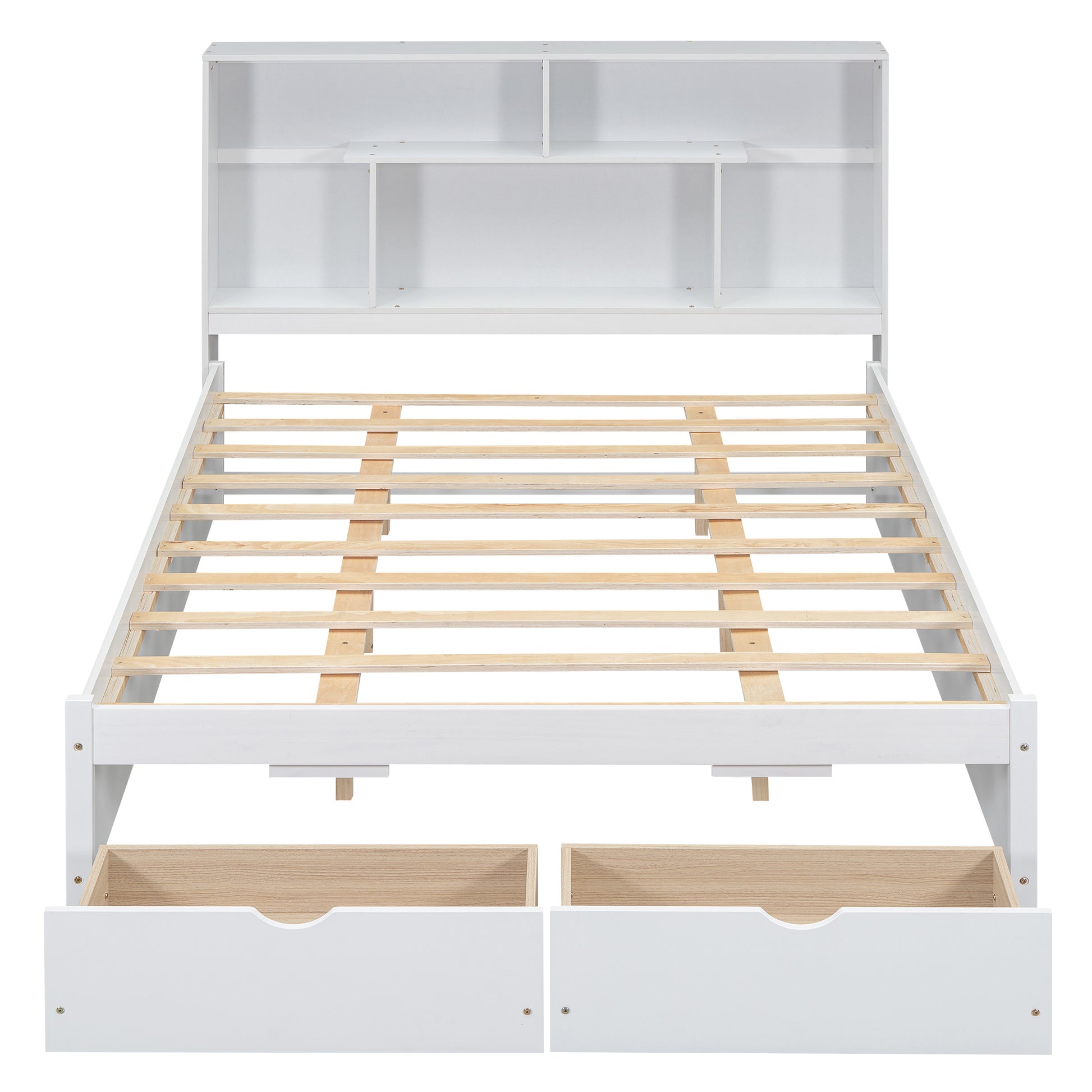 Queen Size Platform Bed With Storage Headboard And 2 Drawers, White Box Spring Not Required Queen White Wood Bedroom Bed Frame Solid Wood Mdf