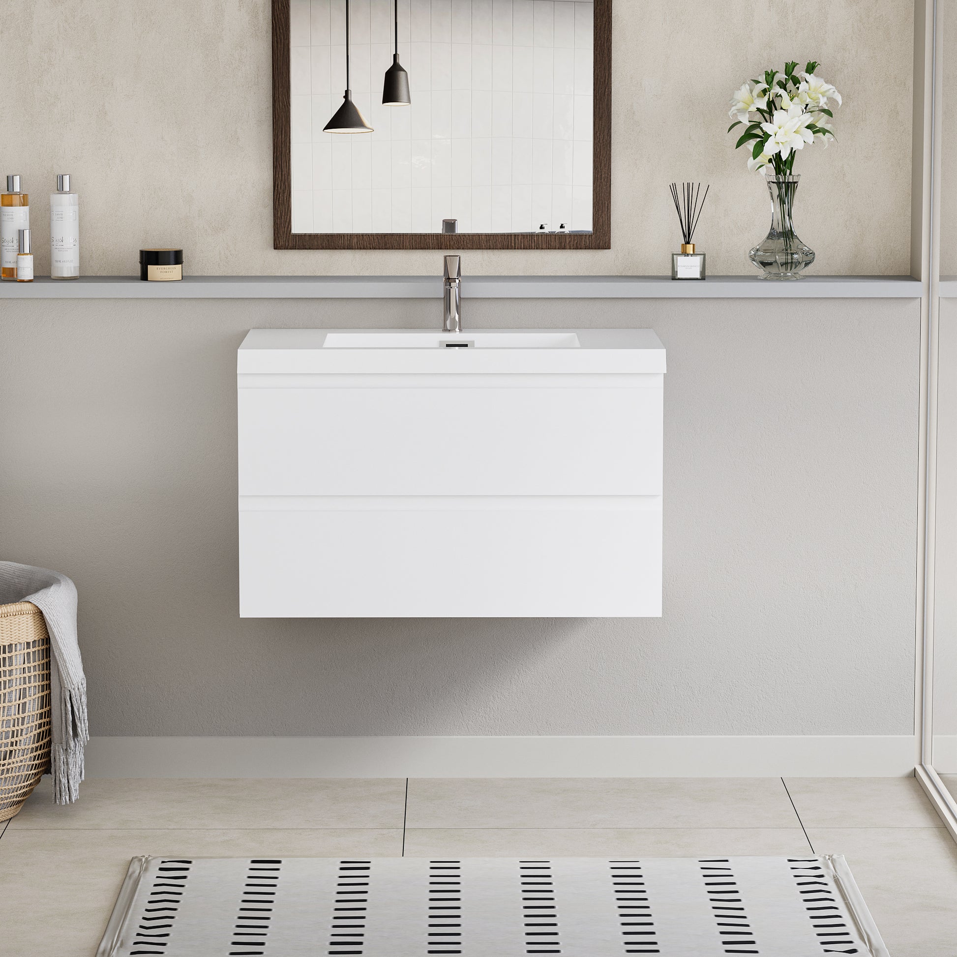 36" Floating Bathroom Vanity With Sink, Modern Wall Mounted Bathroom Storage Vanity Cabinet With Resin Top Basin And Soft Close Drawers, Glossy White 24V11 36Gw 2 Glossy White Bathroom Wall Mounted