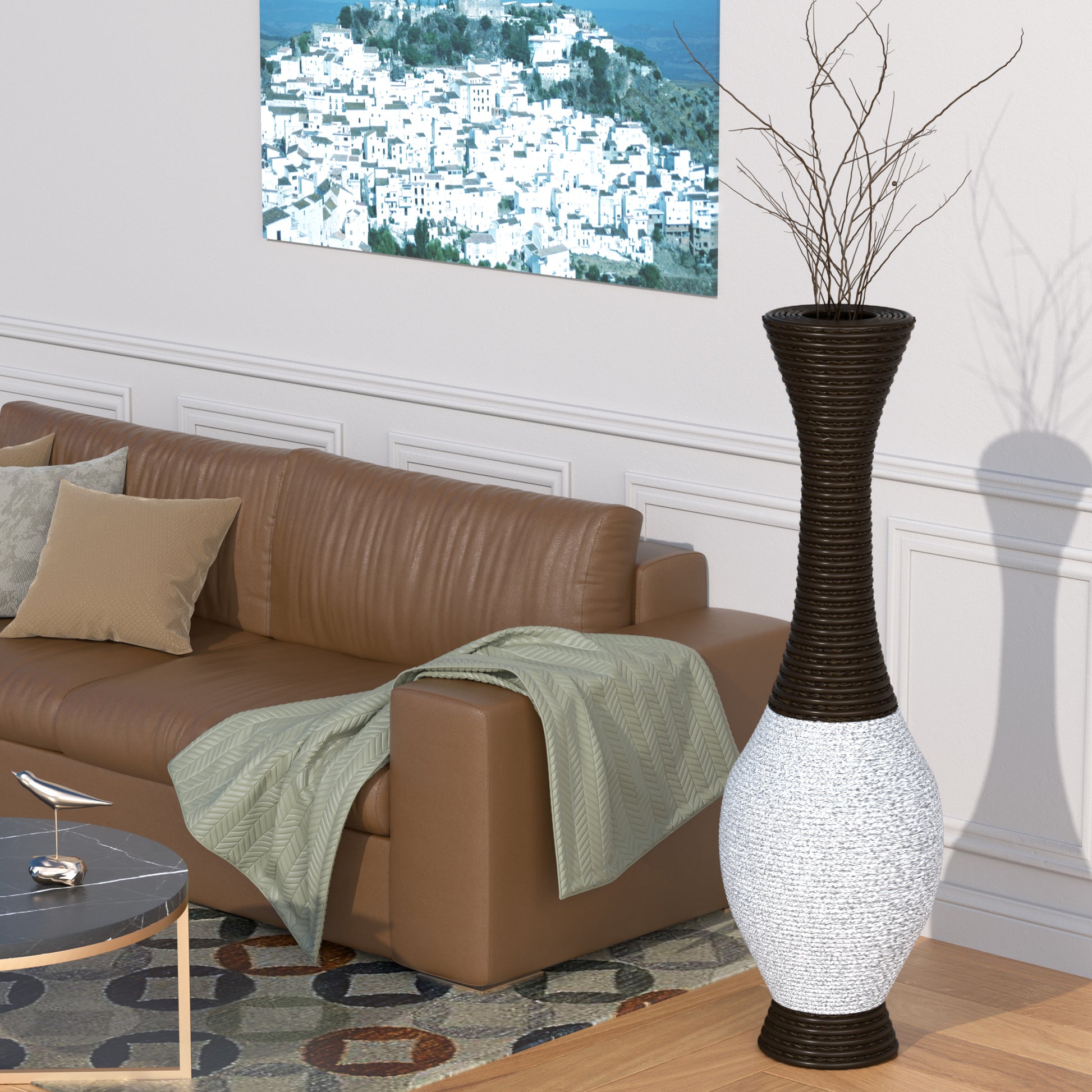 39 Inch Tall Standing Designer Floor Vase Durable Artificial Rattan Elegant Two Tone Dark Brown Finish Ideal Decor Accent For Living Room, Bedroom, Entryway Stylish Home Decor Statement Piece White Black American Design,American Traditional,Antique Pvc