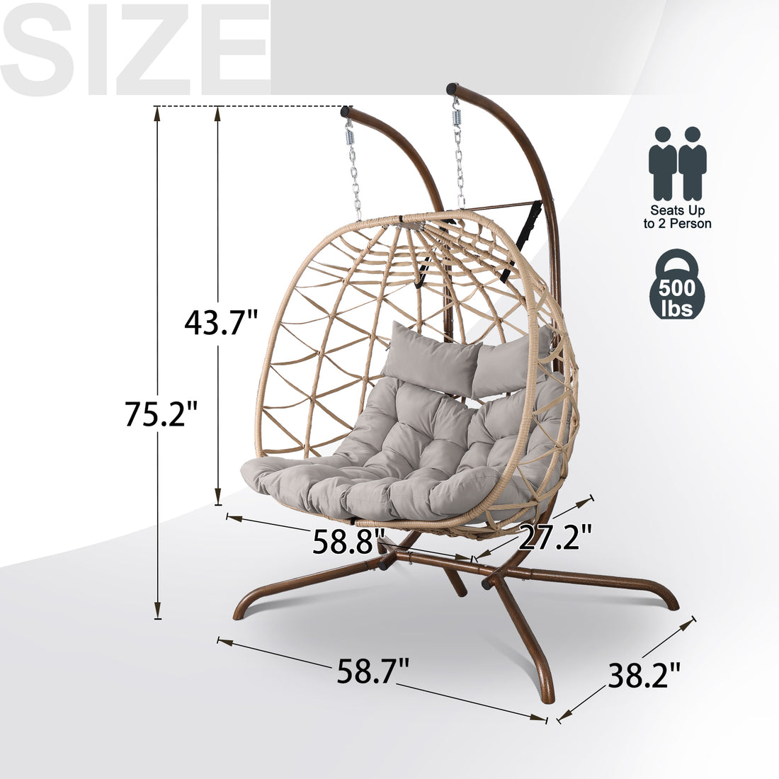 Outdoor Egg Swing Chair With Stand,Thick Cushions And Pillow Light Grey Cotton Rattan Metal