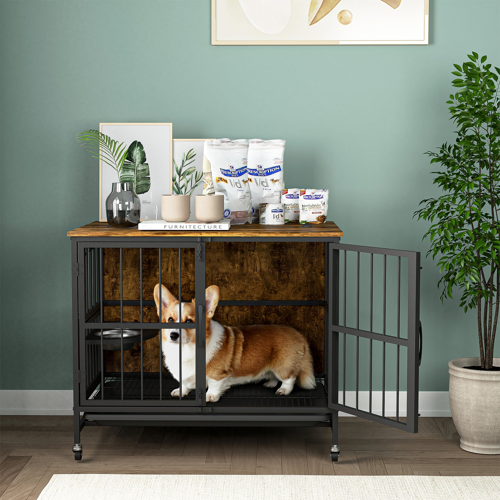 Modern Kennel Dogs Room Up To 60 Lb, Dog Crate Furniture With Multi Purpose Rremovable Ttray, Double Door Dog House, Lift Panel, 360 Degree Rotation 3 Height Adjustable Feeding Bowls Brown Antique Brown Mid Century Modern,Minimalist Dog Particle Board