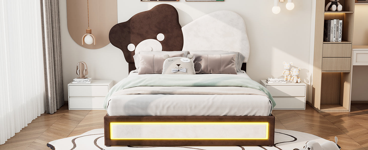 Full Size Upholstered Platform Bed With Bear Shaped Headboard, Led Light Strips, White Brown Box Spring Not Required Full Brown White Wood Bedroom Bed Frame Upholstered