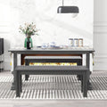 3 Piece Retro Dining Set, Rectangular Trestle Table And 2 Wood Benches For 4 People For Dining Room And Kitchen Grey Grey Solid Wood Mdf