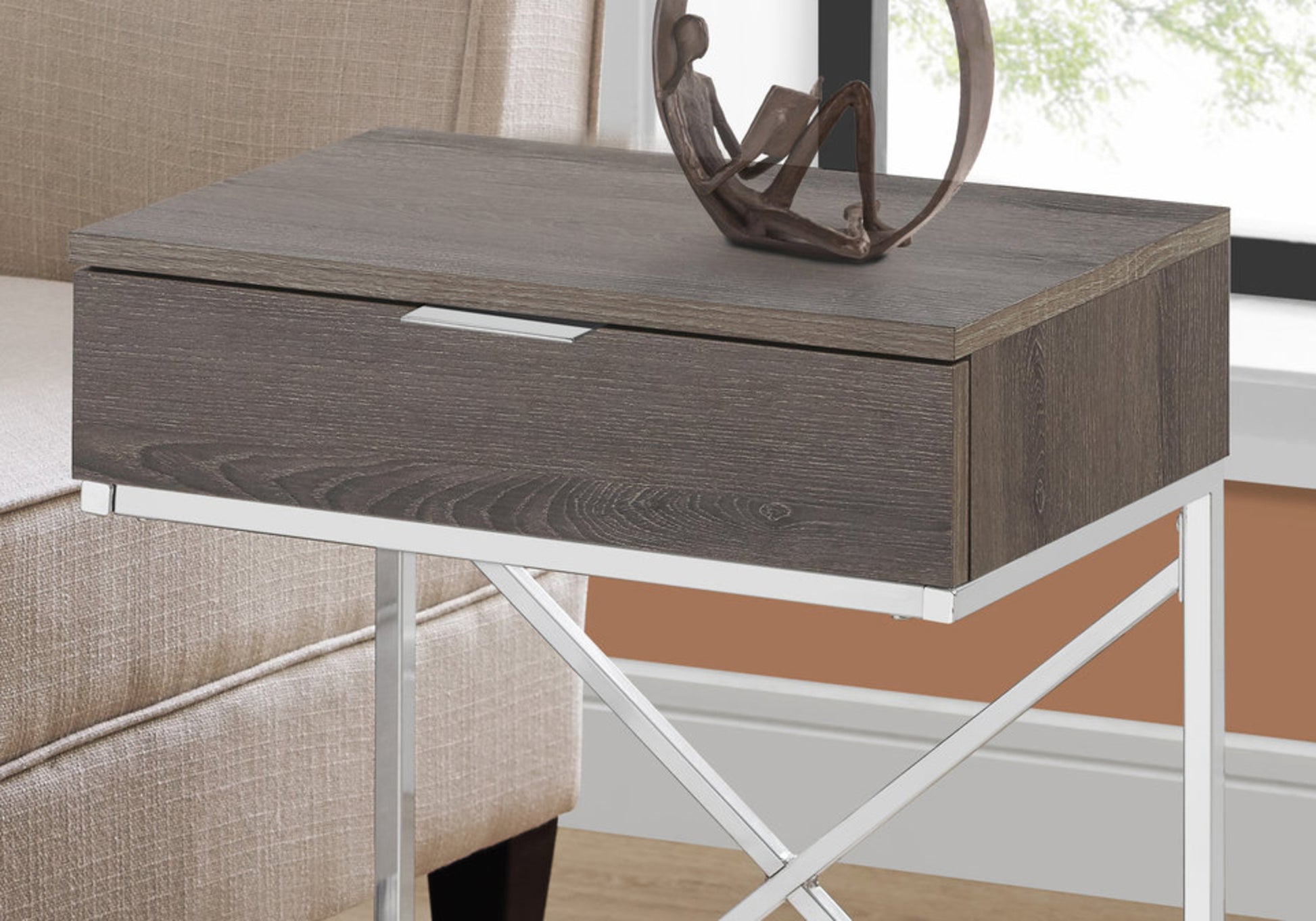 Accent Table, Side, End, Nightstand, Lamp, Storage Drawer, Living Room, Bedroom, Brown Laminate, Chrome Metal, Contemporary, Modern Taupe Particle Board