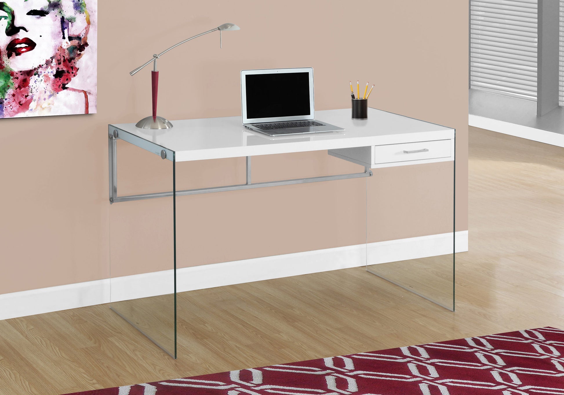 Computer Desk, Home Office, Laptop, Storage Drawers, 48"L, Work, Glossy White Laminate, Clear Tempered Glass, Contemporary, Modern White Particle Board