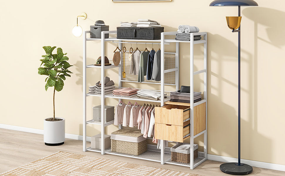 Open Style Wardrobe With Hanging Rails, Shelves And Drawers, White White Metal & Wood