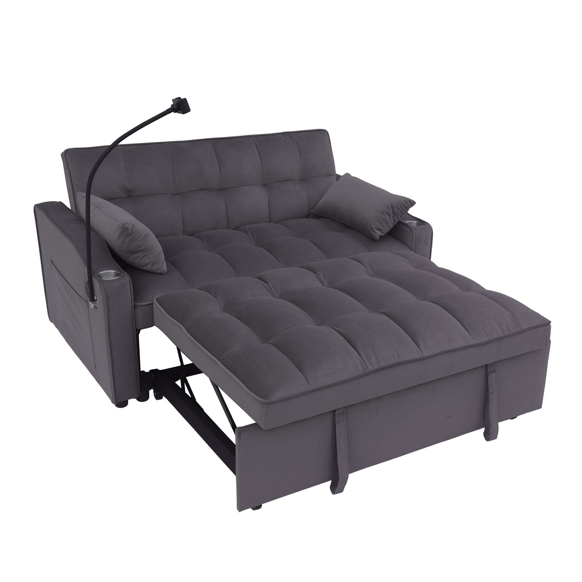 Modern Velvet Loveseat Futon Sofa Couch W Pullout Bed,Small Beautiful Seat Lounge Sofa With Adjustable Reclining Backrest,Toss Pillows, Pockets,Furniture For Living Room,3 In 1 Convertible Sleeper Sofa Bed Full Dark Gray Velvet