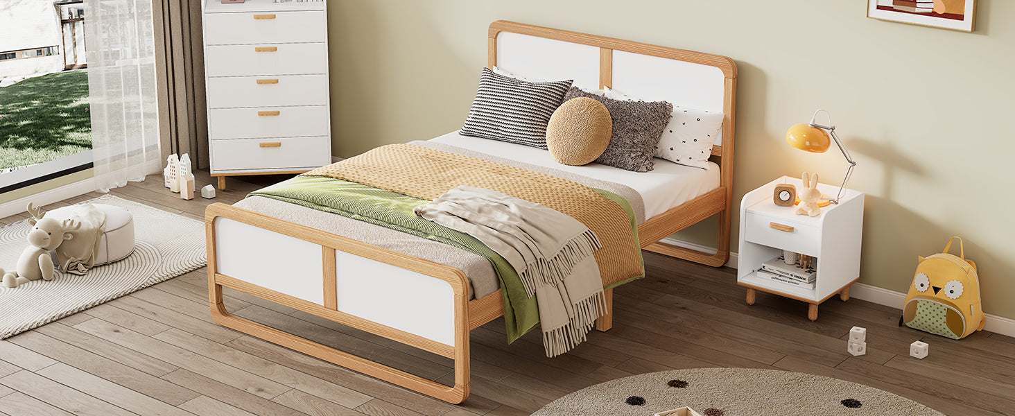 Modern Style Full Size Solid Wood Platform Bed For Kids, Teens, Adults, No Need Box Spring, Walnut And White Box Spring Not Required Full White Walnut Wood Bedroom Modern Pine Bed Frame Wood