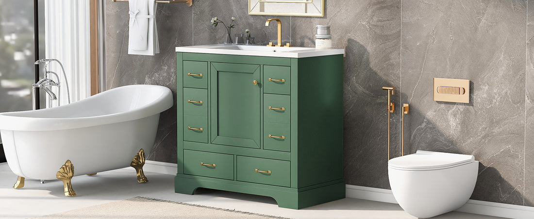 36" Bathroom Vanity With Sink Combo, Six Drawers, Multi Functional Drawer Divider, Adjustable Shelf, Green Green Solid Wood Mdf