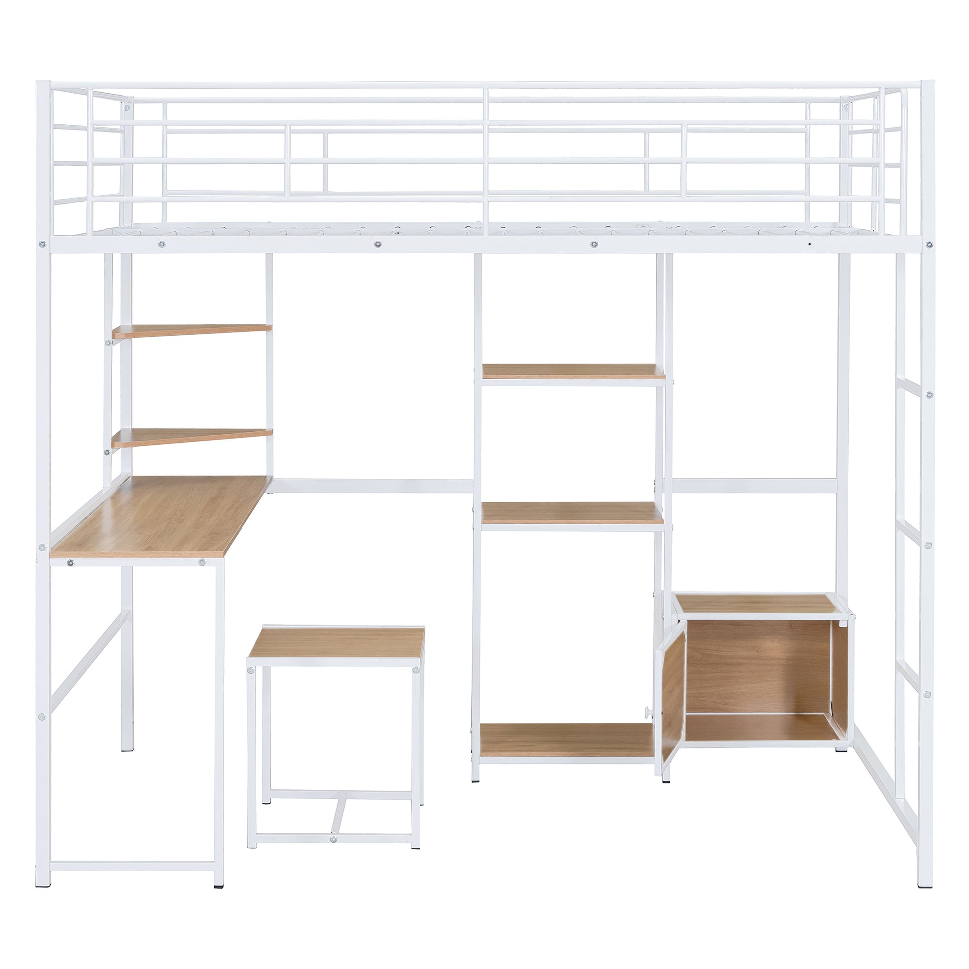 Full Size Loft Bed With Desk And Stool, Metal Loft Bed With Open Style Wardrobe, Shelves And Cabinet, White Full White Metal & Wood