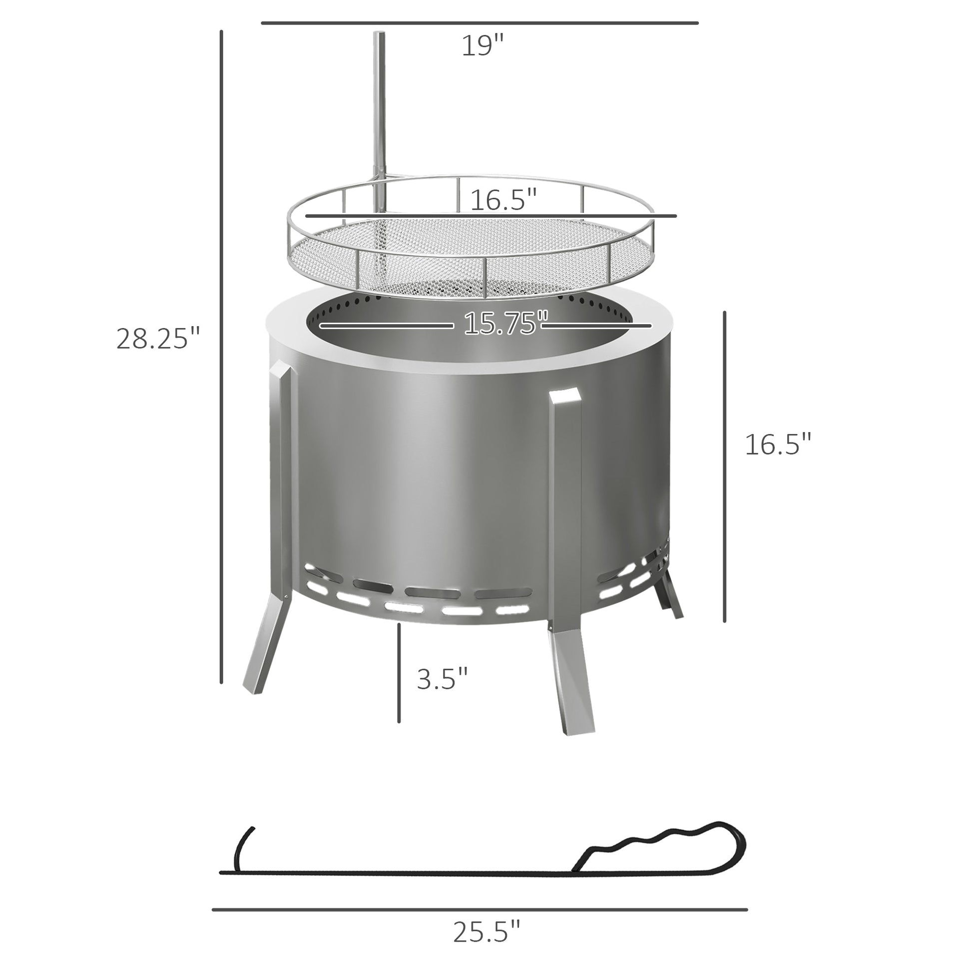 Outsunny 2 In 1 Smokeless Fire Pit, Bbq Grill, 19" Portable Wood Burning Firepit With Cooking Grate And Poker, Low Smoke Camping Bonfire Stove For Backyard Patio Picnic, Stainless Steel, Silver Silver Stainless Steel