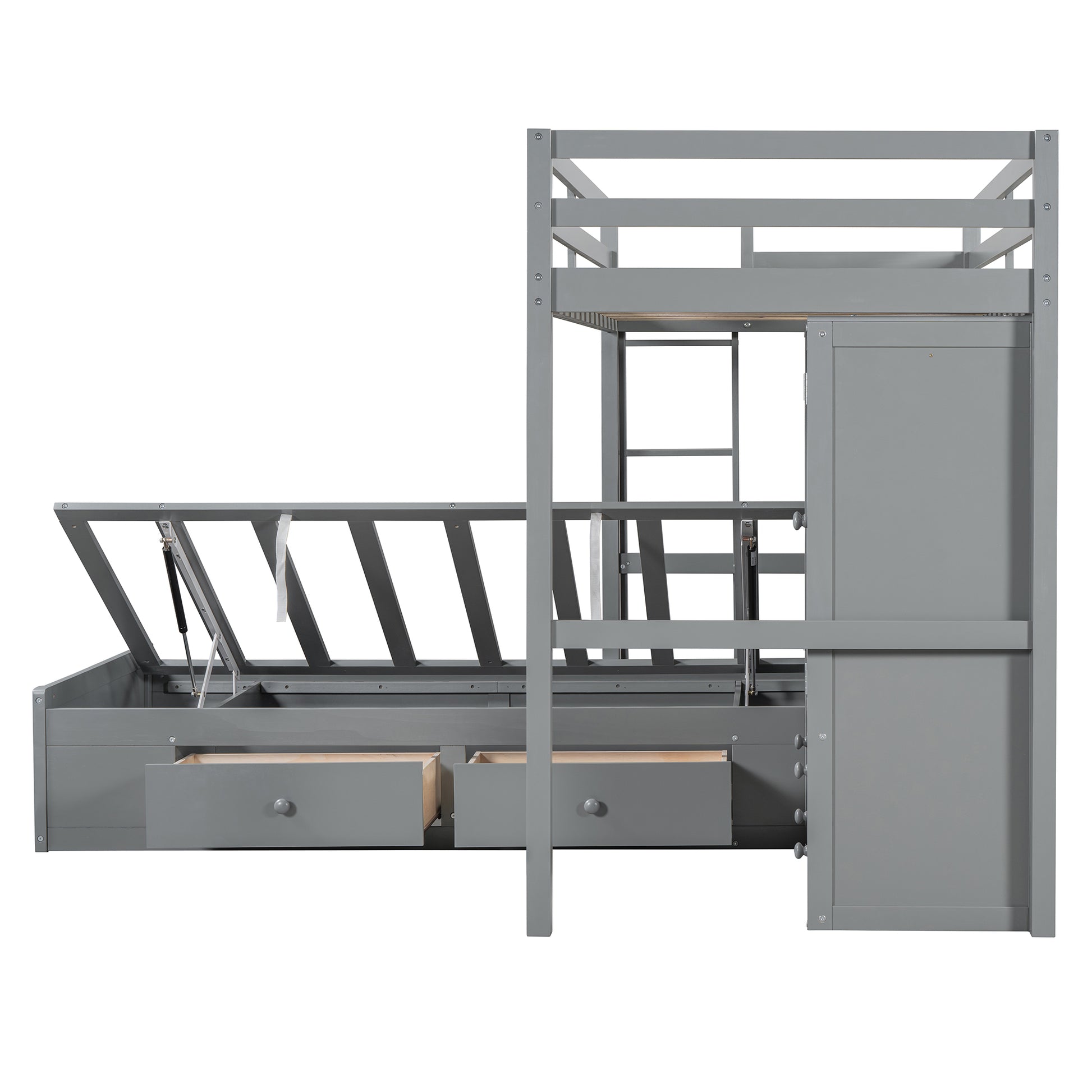 Twin Bunk Bed With Drawers, Wardrobe, Storage Shelves And Hydraulic Bed,Grey Grey Mdf Lvl