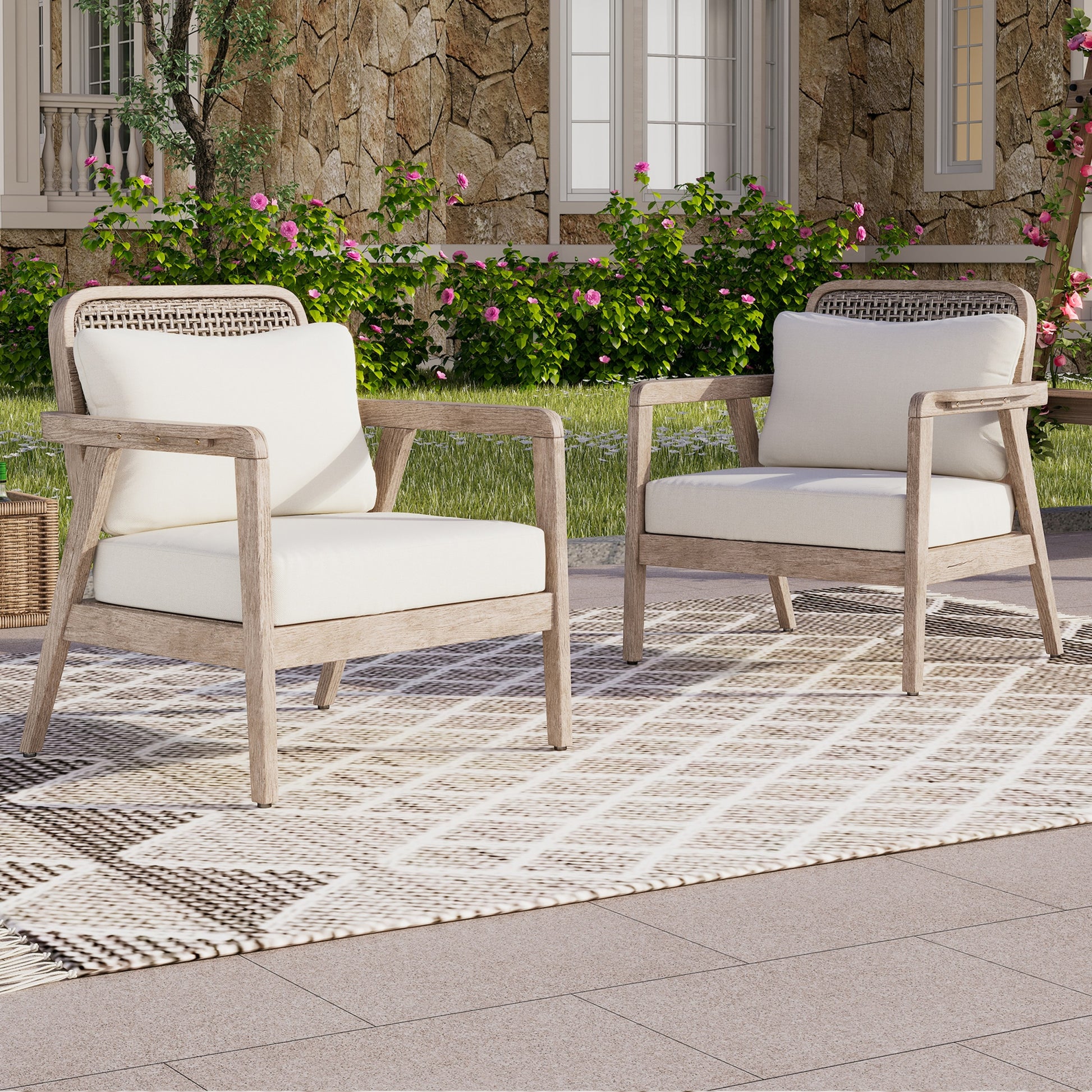 Set Of 2 Outdoor Acacia Wood Patio Club Chair, Patio Furniture,Waterproof Thick Cushion Deep Seating For Porch, Garden, Backyard, Balcony, Weight Capacity 400Lbs, Light Brown Finish, Cream Cushion Yes Deep Seating Light Brown Garden & Outdoor Foam Acacia