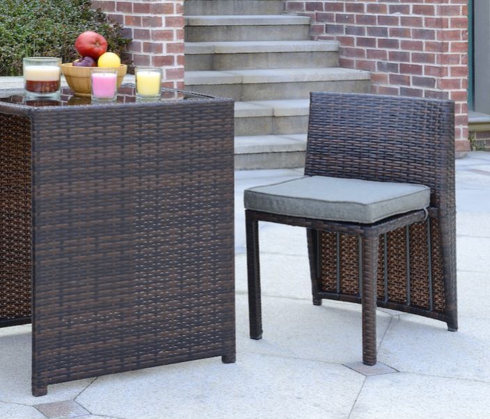 Cape Town 3 Piece Pe Wicker Bistro Steel Cushions Outdoor Dining Set, Mahogany Brown, Grey Brown Grey Pe Rattan Iron