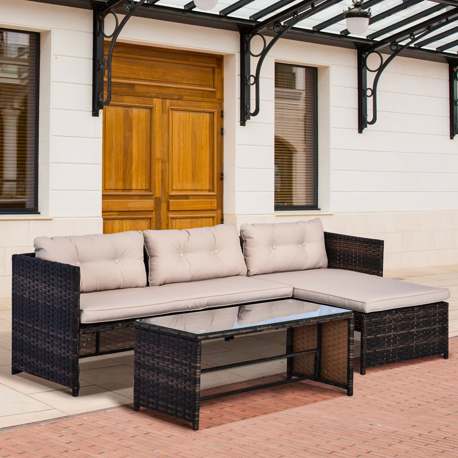 Outsunny 3 Piece Patio Furniture Set, Rattan Outdoor Sofa Set With Chaise Lounge & Loveseat, Soft Cushions, Tempered Glass Table, L Shaped Sectional Couch, Beige Beige Rattan Metal