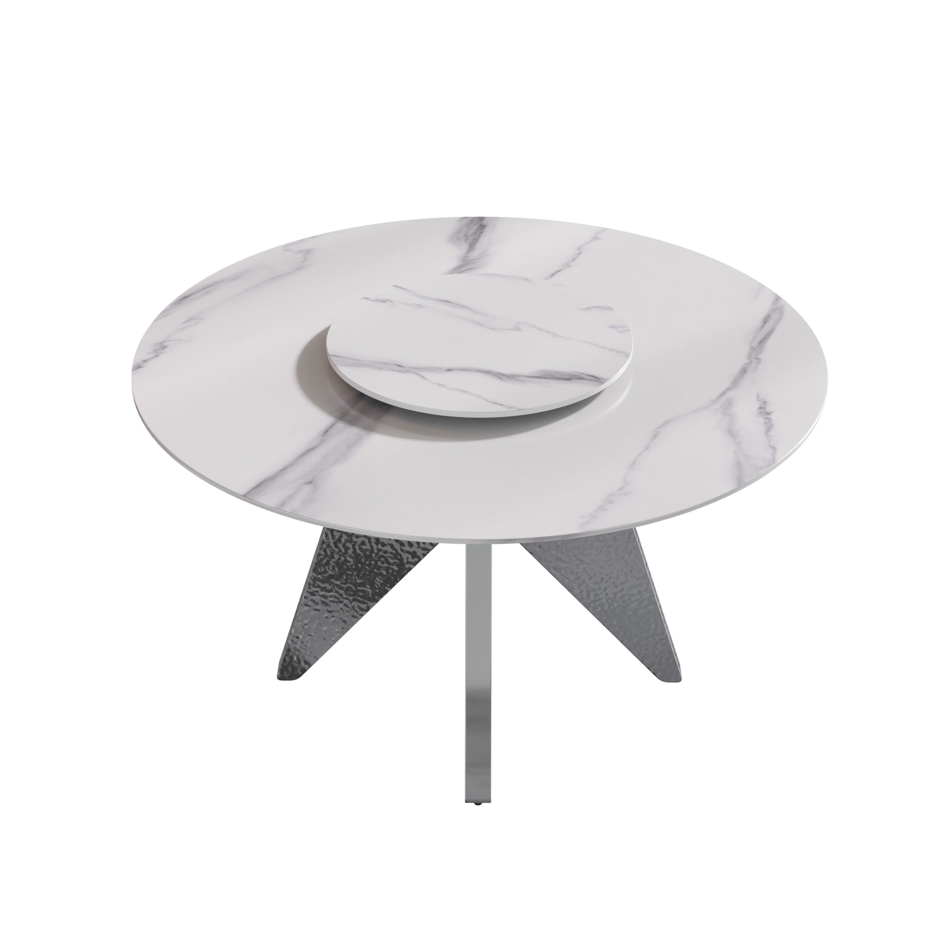53" Round Marble Dining Table With Silver Stainless Steel Design Base, Artificial Marble For 6 People, 23.62"White Artificial Stone Turntable,White Dining Table Only Silver,White Dining Room Modern