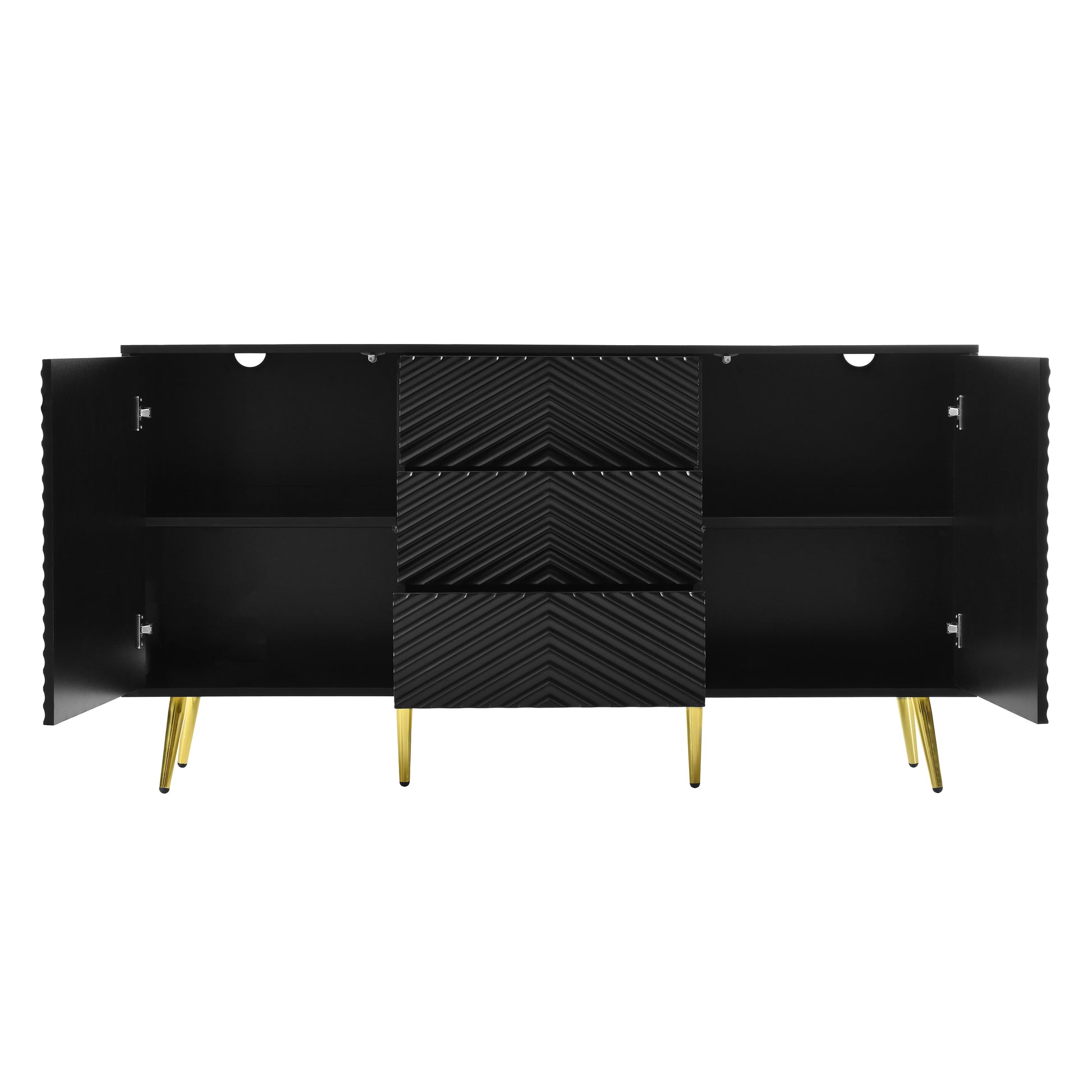 Modern Sideboard With Geometric Line Design, Conical Metal Legs, And Central Drawers For Stylish Storage, Suitable For Study, Entryway And Living Room Black Primary Living Space American Design Mdf