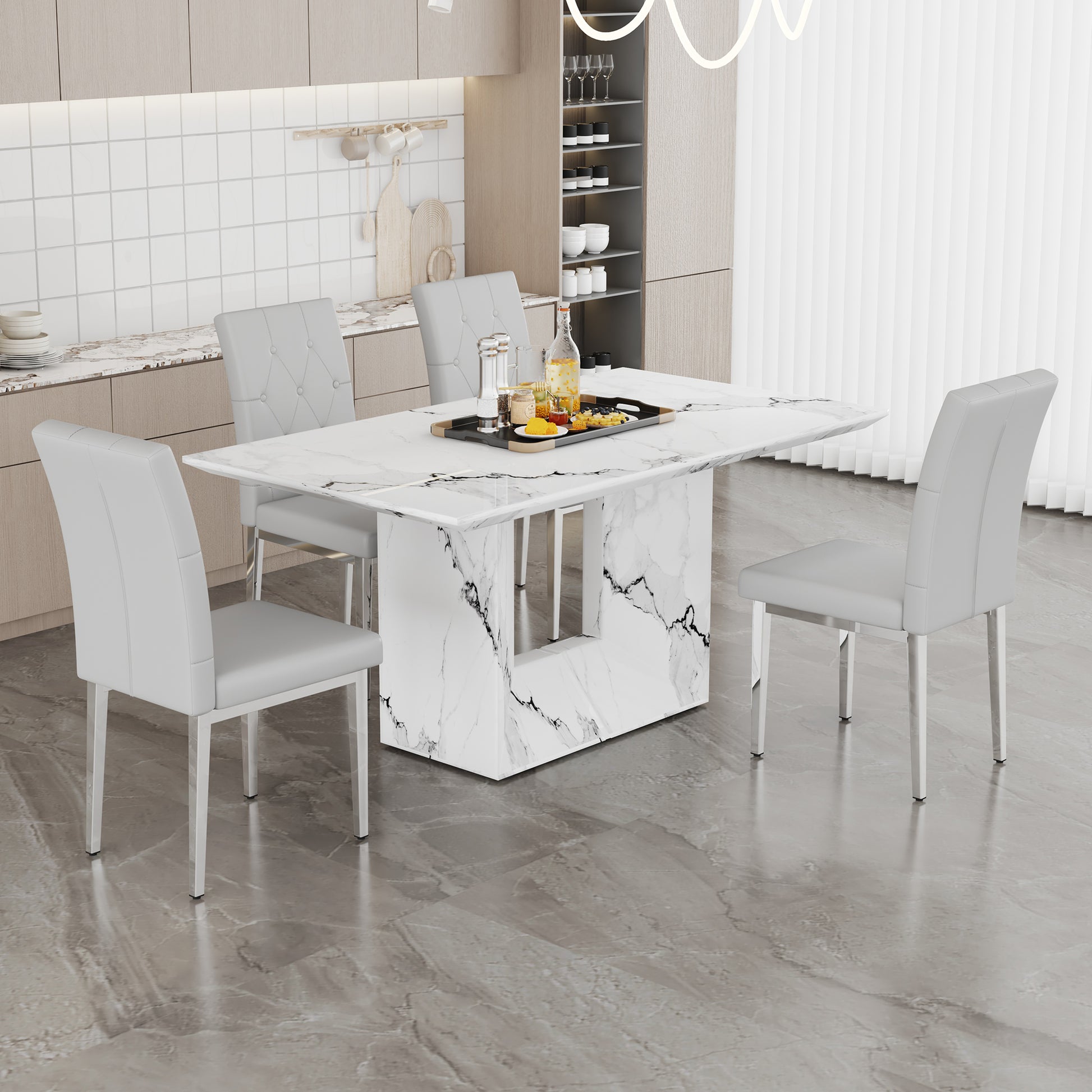 Table And Chair Set.63"X35.4" White Marble Patterned Mdf Dining Table Set With 4 Armless Light Gray Pu Chairs.Showcasing A Modern And Stylish Look. Light Gray,White Seats 4 Mdf Metal