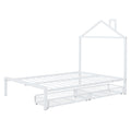 Full Size Metal Platform Bed With Two Drawers,House Shaped Headboard Design, White Full White Metal