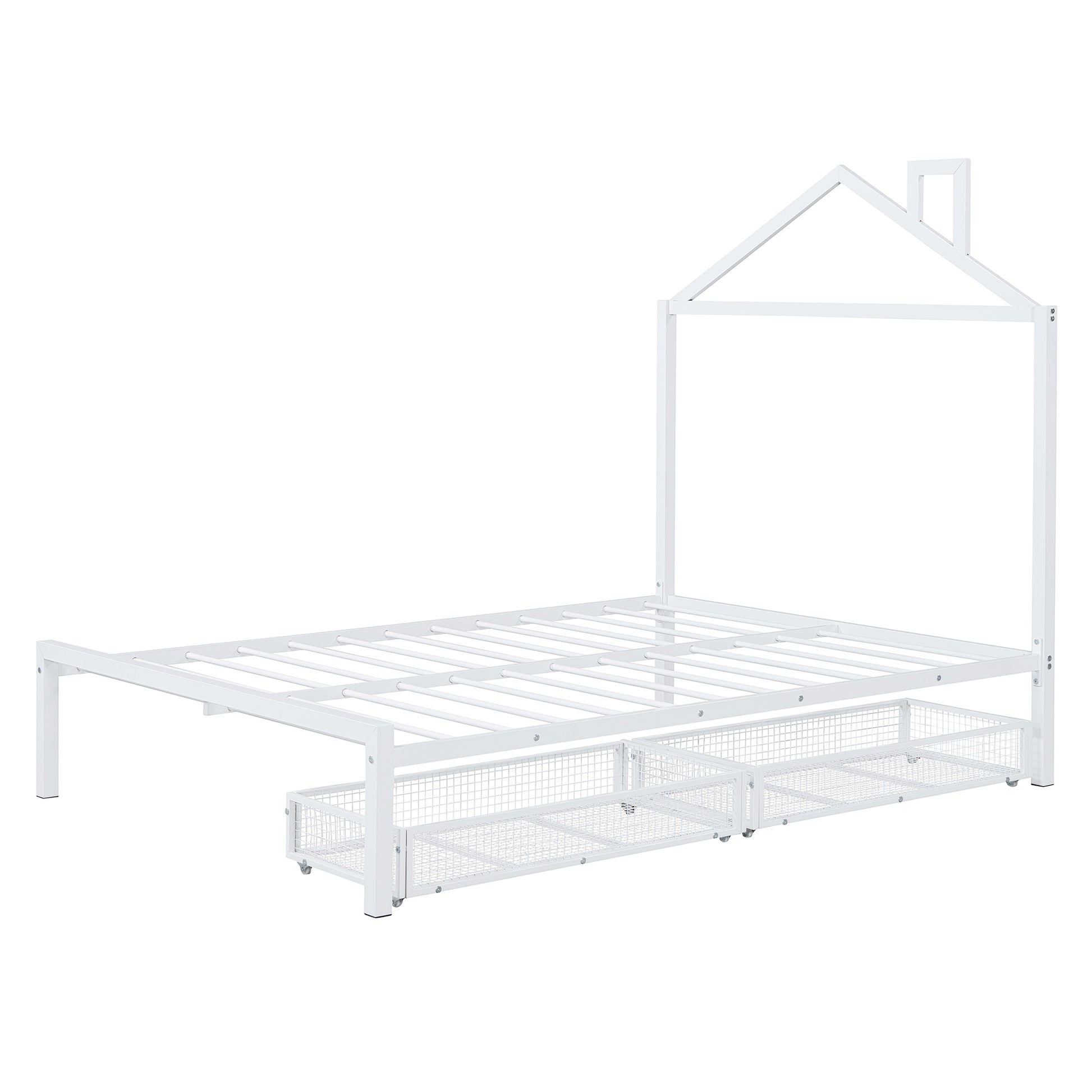 Full Size Metal Platform Bed With Two Drawers,House Shaped Headboard Design, White Full White Metal