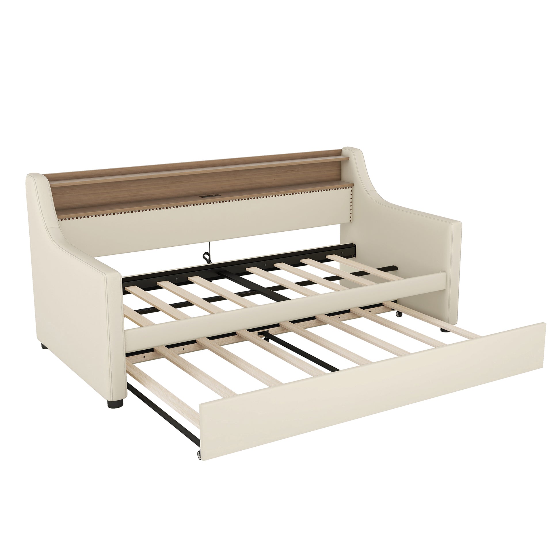 Twin Size Daybed With Trundle, Upholstered Daybed With Charging Station And Led Lights, Beige Twin Beige Pu Leather
