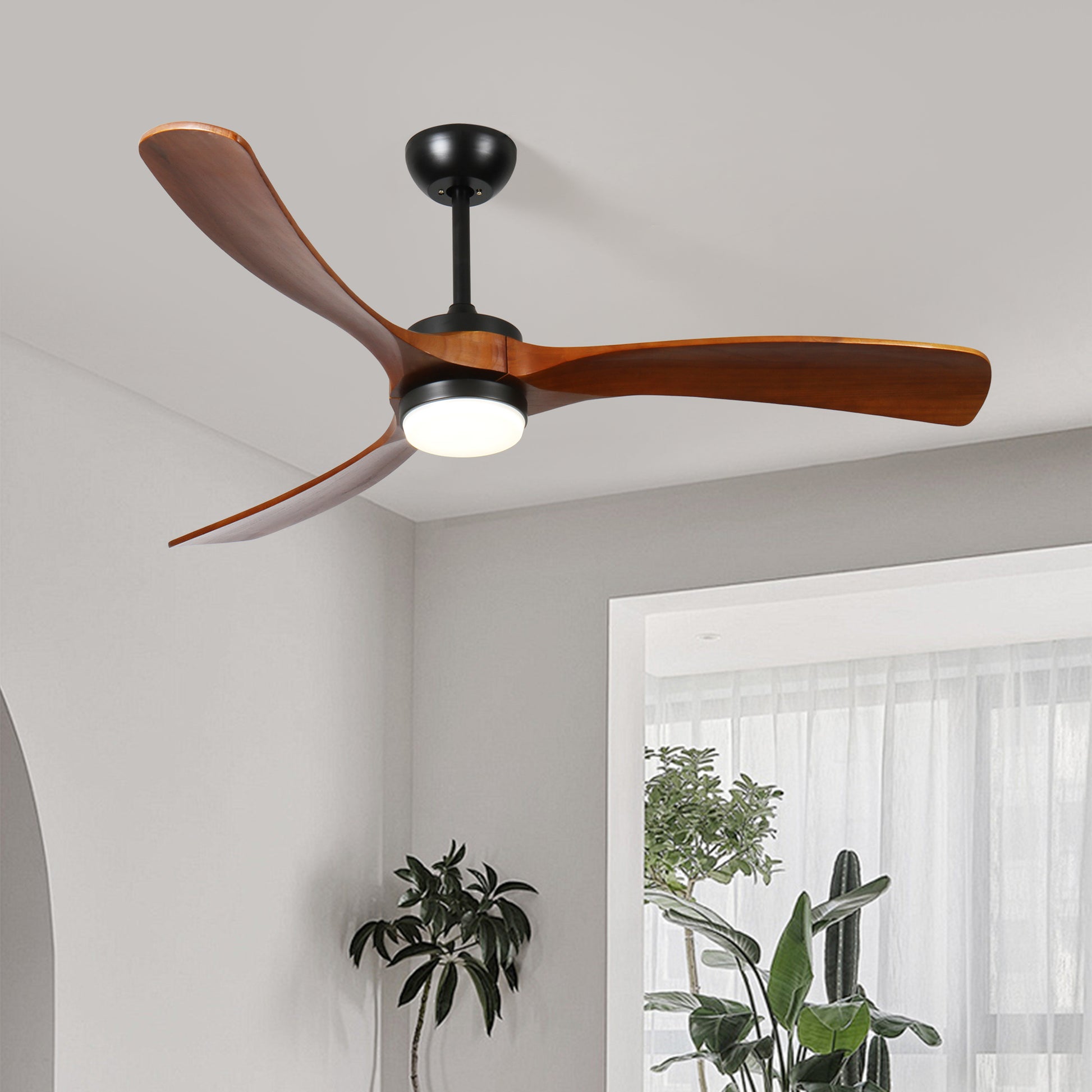 60 Inch 3 Blade Solid Wood Ceiling Fan Light Walnut American Design Solid Wood