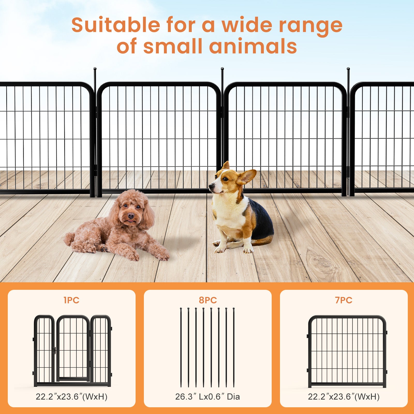 Dog Playpen Outdoor, 8 Panel Dog Fence 24" Pet Pen For Small Dogs Pet Exercise Pen For Puppy Rabbit Small Animals Portable Playpen For Rv Camping Garden Yard, Indoor. Black, 22.2'' W X 23.6'' H. Black Iron