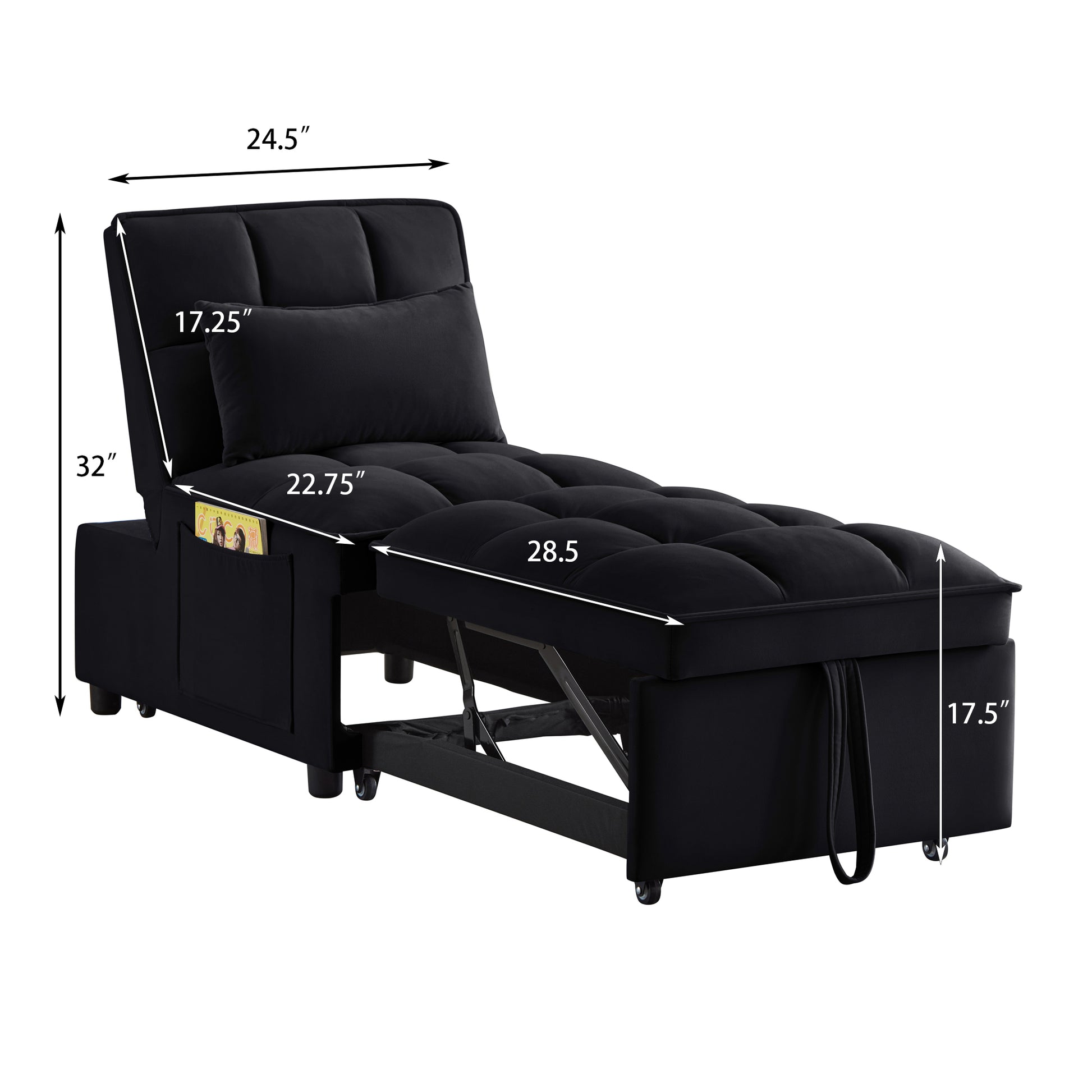 4 In1 Multi Function Single Sofa Bed With Storage Pockets,Tufted Single Pull Out Sofa Bed With Adjustable Backrest And Pillows ,Convertible Chaise Lounge,Black Black Velvet Metal Primary Living Space Medium Soft American Design Armless Foam Velvet 1 Seat