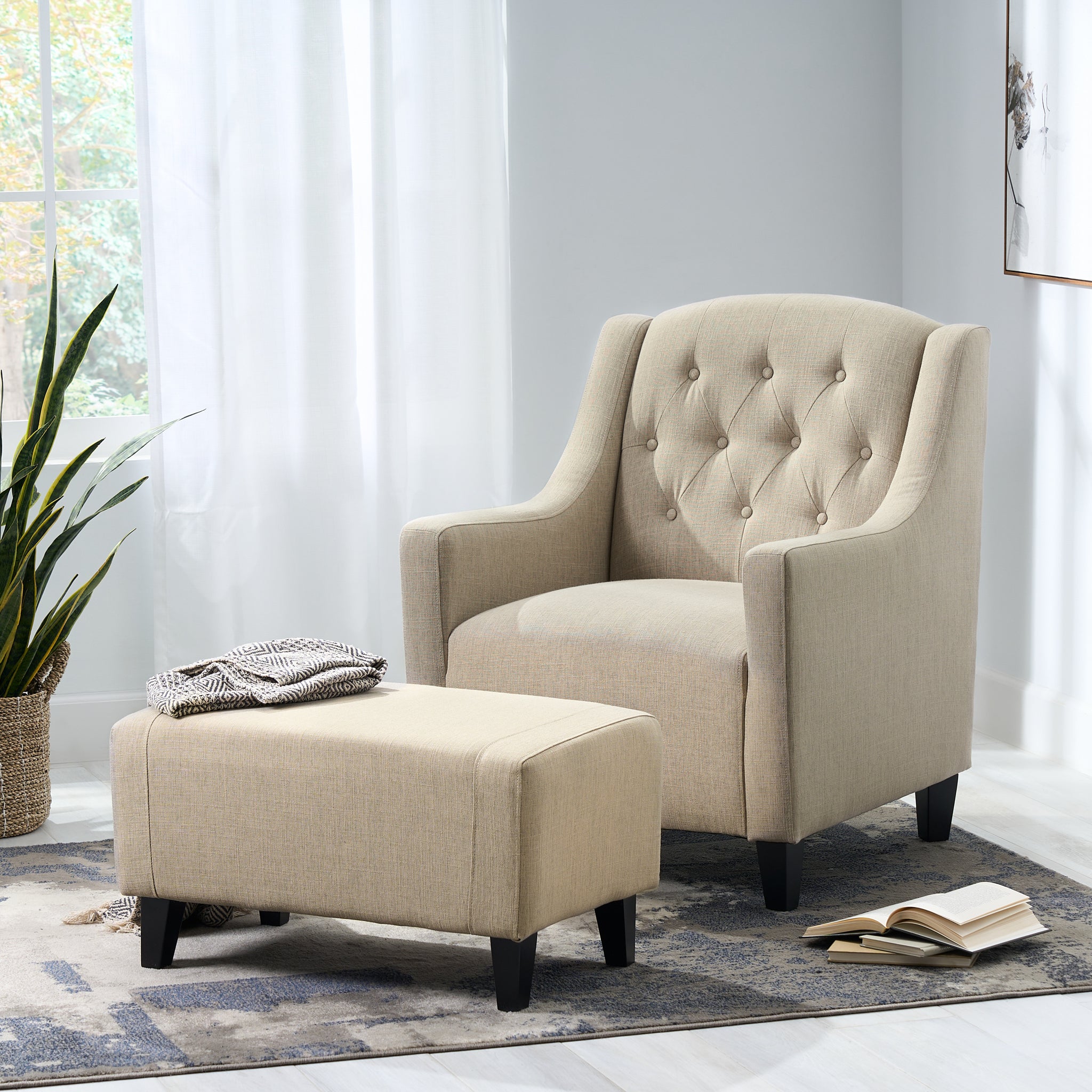 Upholstered Armchair With Ottoman Beige Fabric