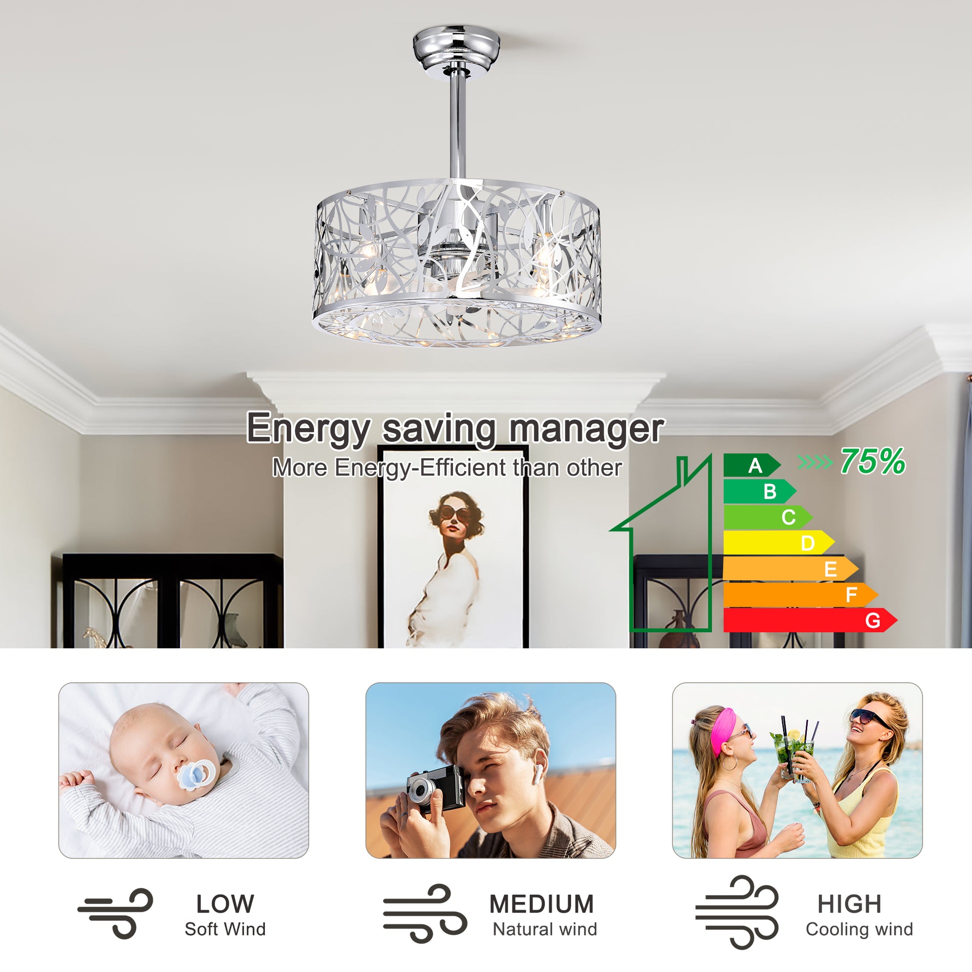 18'' Decor Forward Reverse 5 Blades Ceiling Fan Lamps,Cage Closed Industrial Style Vintage Fan Ceiling Fan With 3 Speeds Adjustable For Living Room, Bedroom, Kitchen Chrome American Design Abs Metal